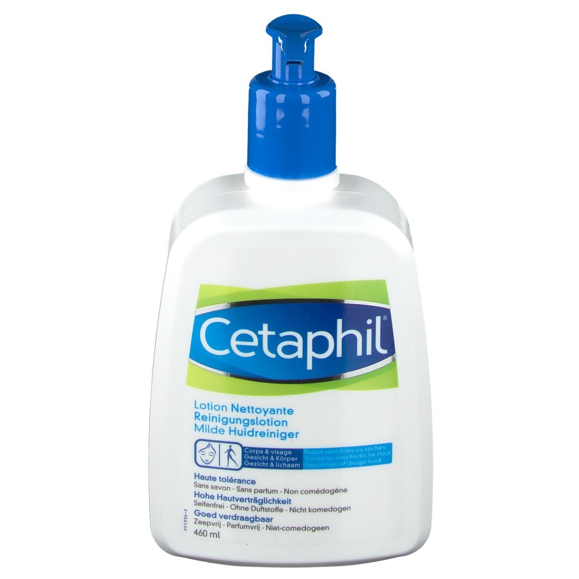Flacon blanc avec pompe bleue. Inscription Cetaphil. Texte en allemand, français et néerlandais.