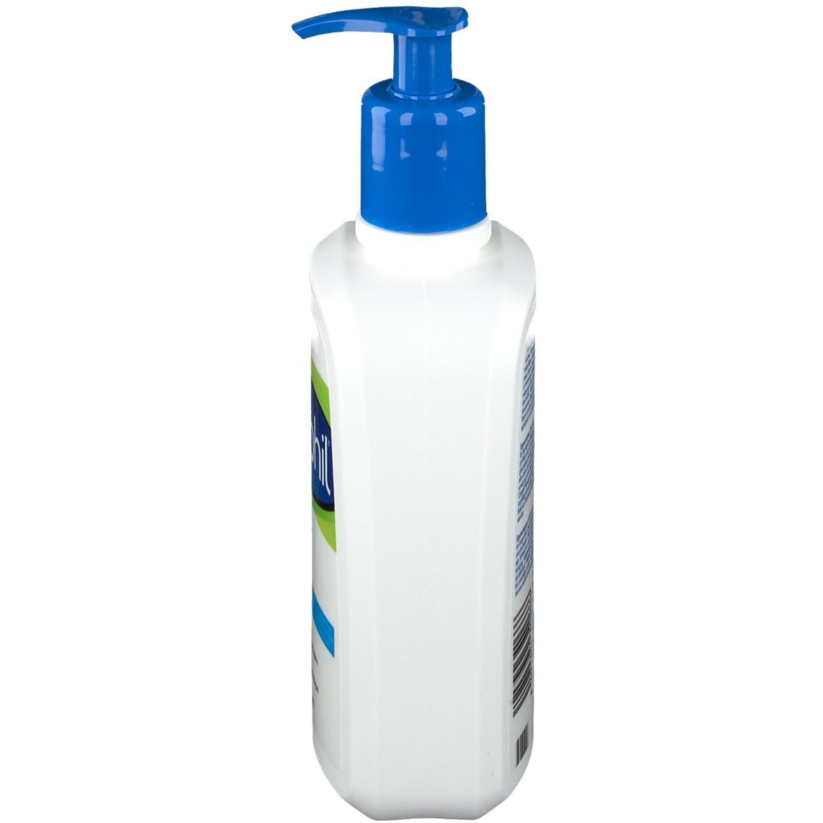 Flacon blanc avec pompe bleue, vue latérale. Étiquette avec texte en allemand, français et néerlandais.