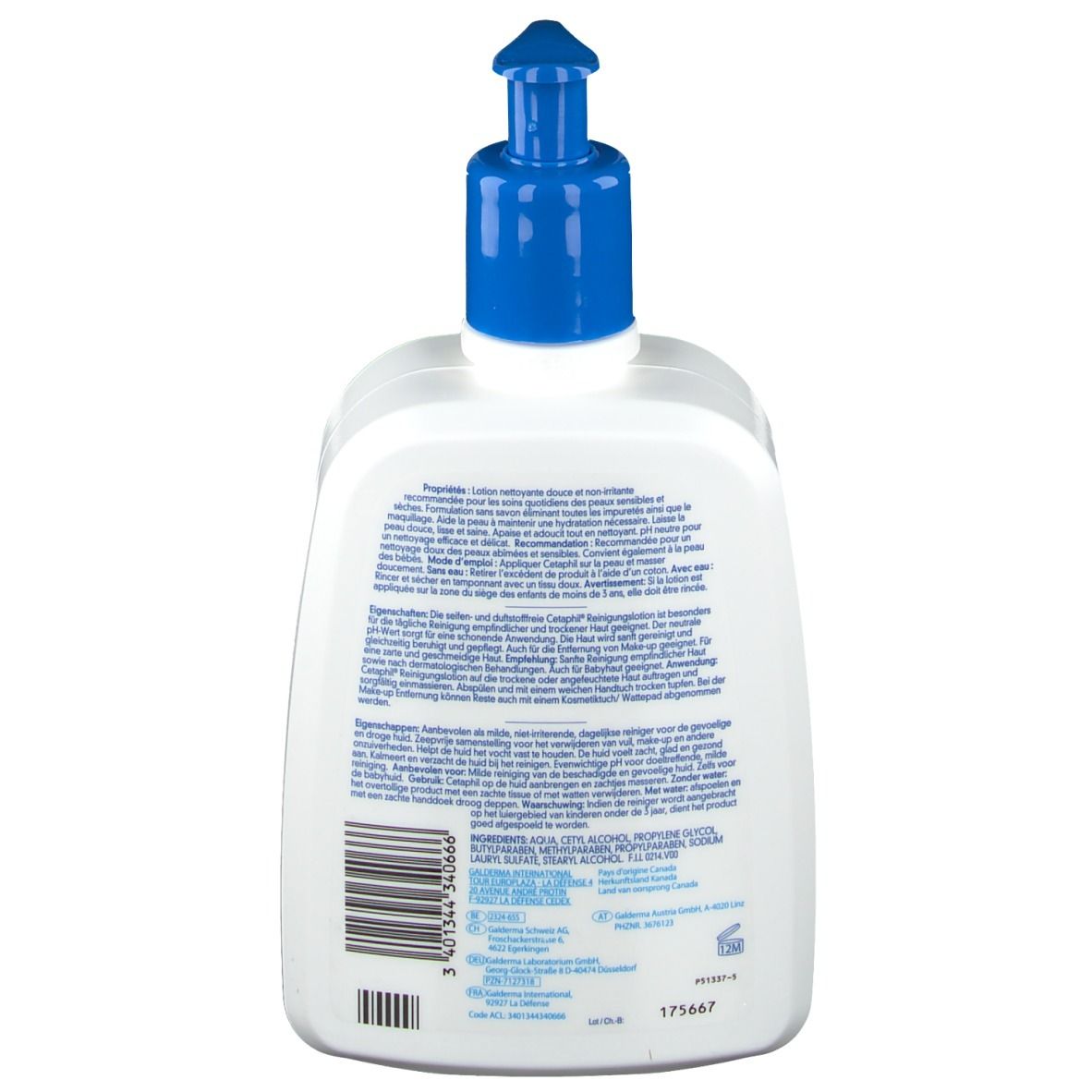 Dos d'un flacon blanc avec pompe bleue. Texte en plusieurs langues, dont l'allemand et le français.