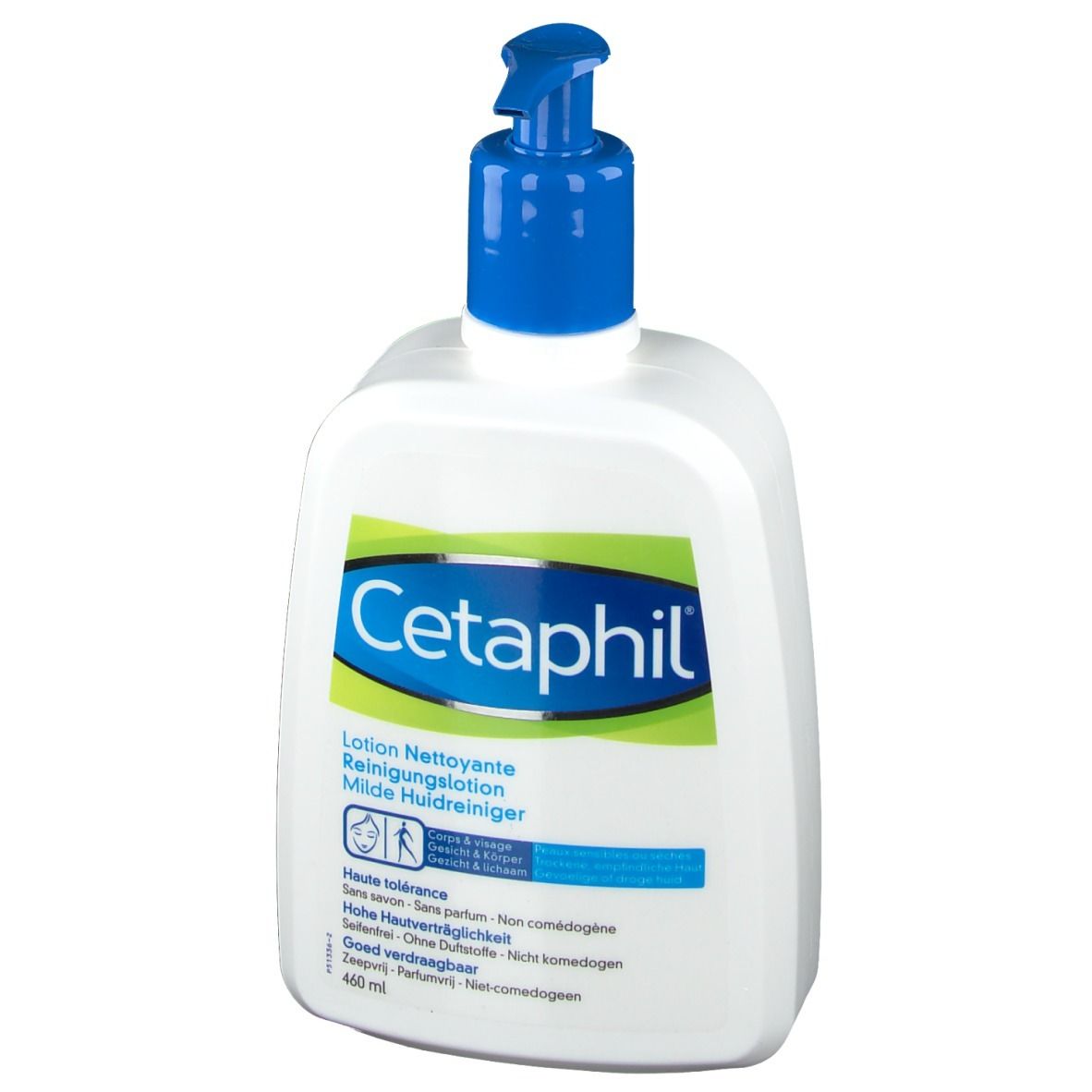 Flacon blanc avec pompe bleue. Inscription Cetaphil. Texte en allemand, français et néerlandais.
