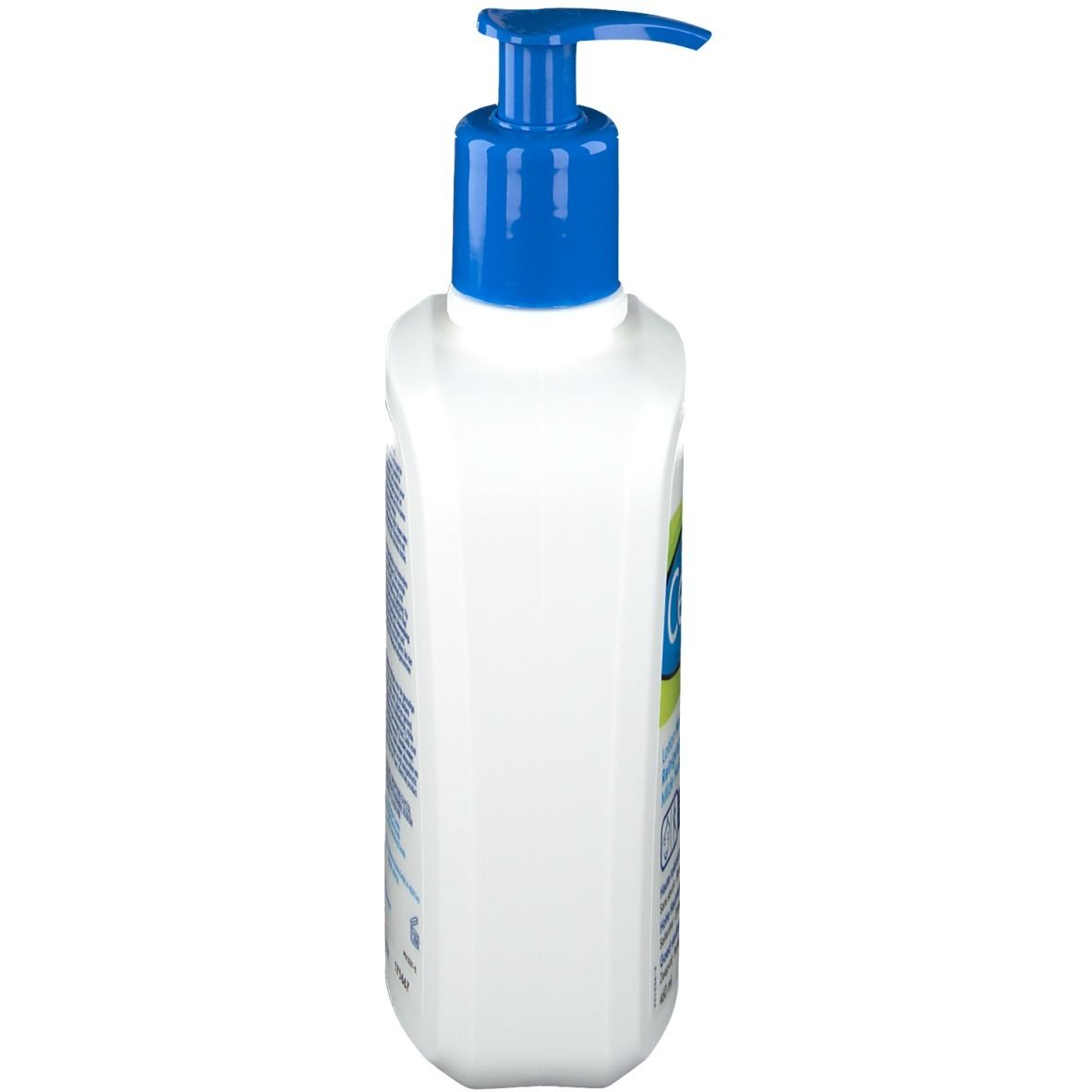Flacon blanc avec pompe bleue, vue latérale. Étiquette avec texte en allemand, français et néerlandais.