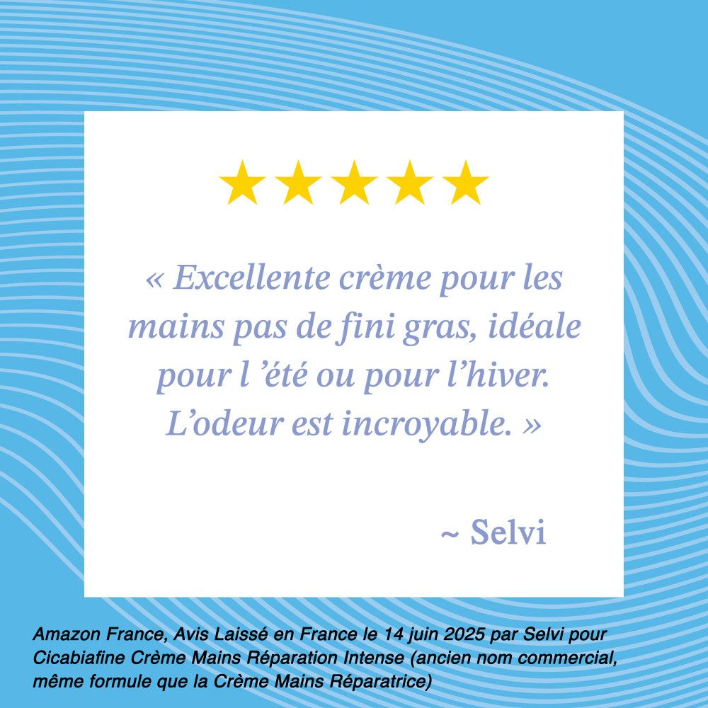 Témoignage. Citation: « Excellente crème pour les mains, non grasse, idéale pour l'été ou l'hiver. »