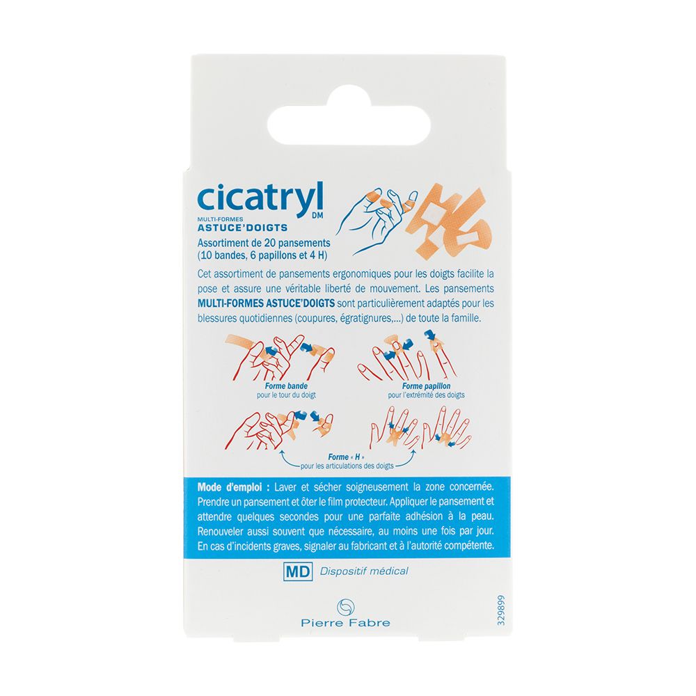 Dos de la boîte de pansements Cicatryl DM. Exemples d'utilisation et mode d'emploi.