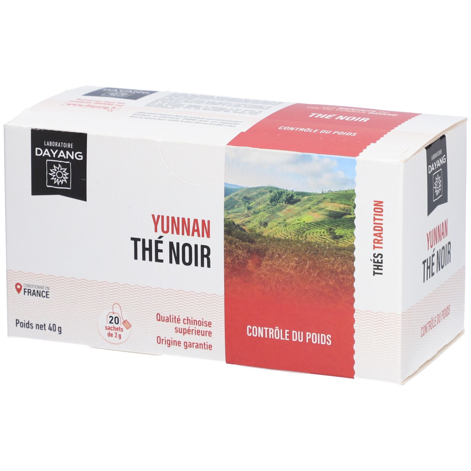 Boîte blanche et rouge. Inscription: YUNNAN THÉ NOIR, CONTROLE DU POIDS. Marque: DAYANG. Contient 20 sachets de thé, 40g.