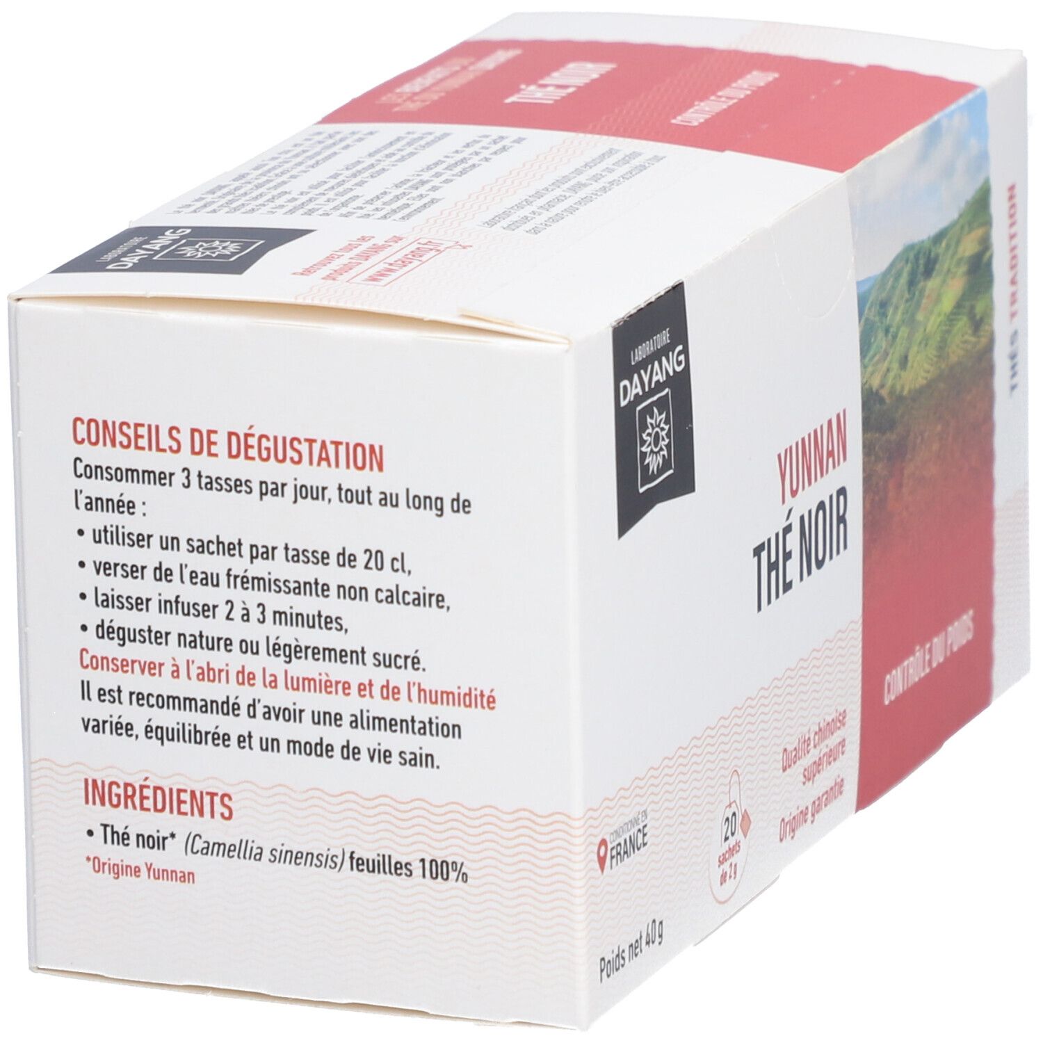 Boîte avec accent rouge. Inscription: YUNNAN THÉ NOIR. Marque: DAYANG. Dos avec conseils de dégustation et liste d'ingrédients. 20 sachets, 40g.