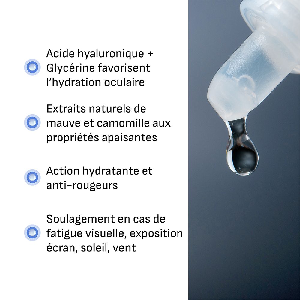 Gros plan d'une pointe de goutte avec une goutte. Texte : Acide hyaluronique + glycérine, camomille et mauve, hydratant, anti-rougeurs.