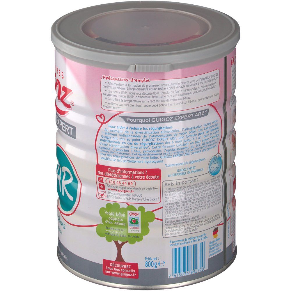 Boîte Guigoz Expert AR 2ème âge. Rose et blanc. Couvercle gris. Texte: Guigoz Expert AR 2. Informations et conseils.