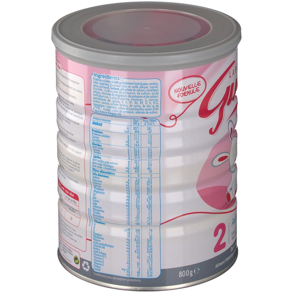 Boîte Guigoz Expert AR 2ème âge. Rose et blanc. Couvercle gris. Informations nutritionnelles. Nouvelle formule. 2.