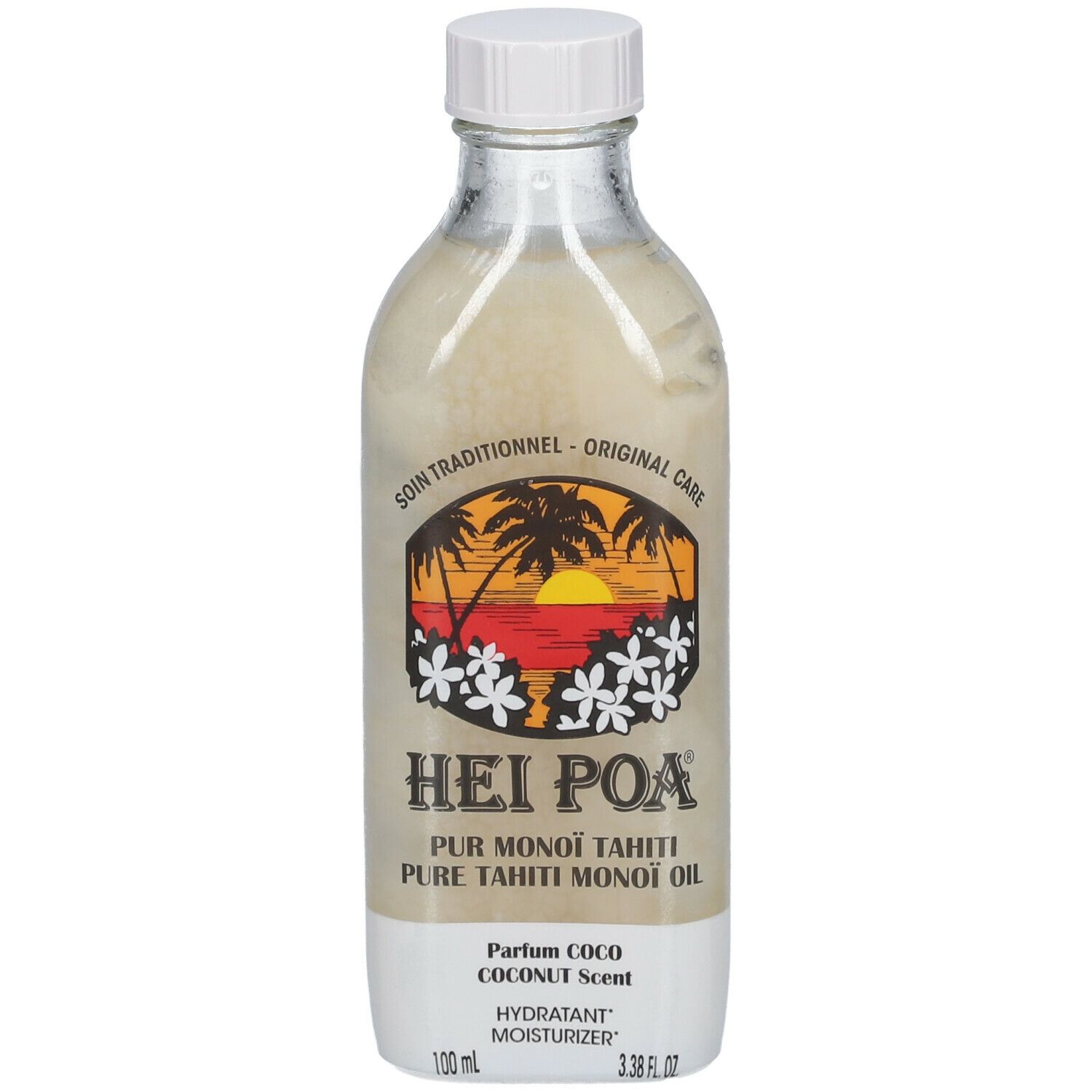 Huile Hei Poa Monoi. Bouteille en verre, bouchon blanc. Étiquette avec logo, texte et parfum coco. 100 ml.