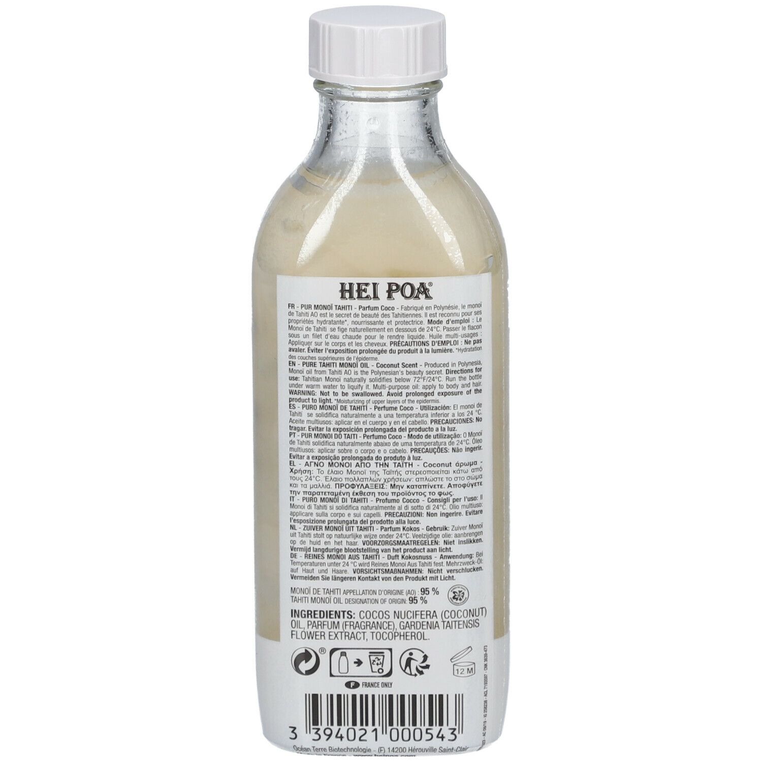 Huile Hei Poa Monoi. Dos de la bouteille en verre, bouchon blanc. Texte et ingrédients visibles.