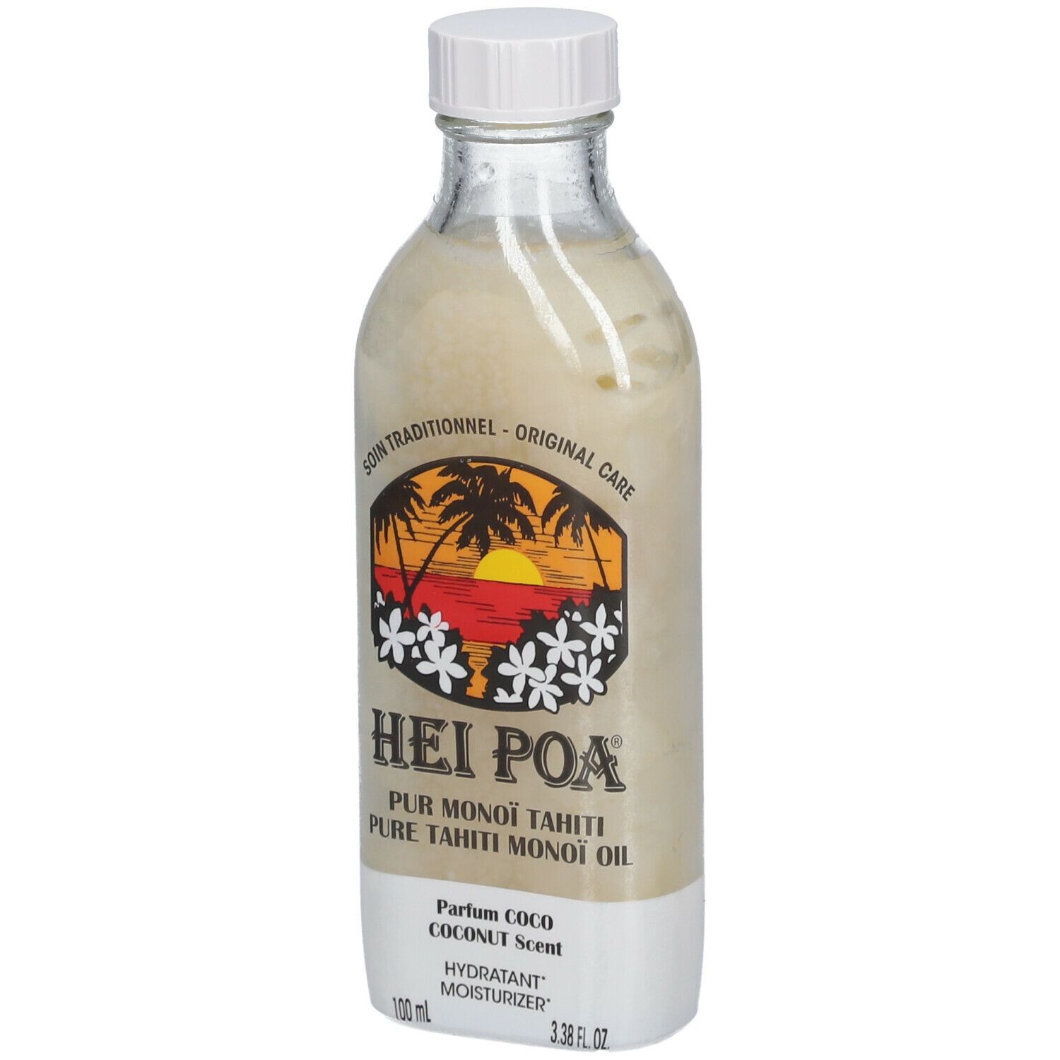 Huile Hei Poa Monoi. Bouteille en verre, bouchon blanc. Étiquette avec logo, texte et parfum coco. 100 ml.