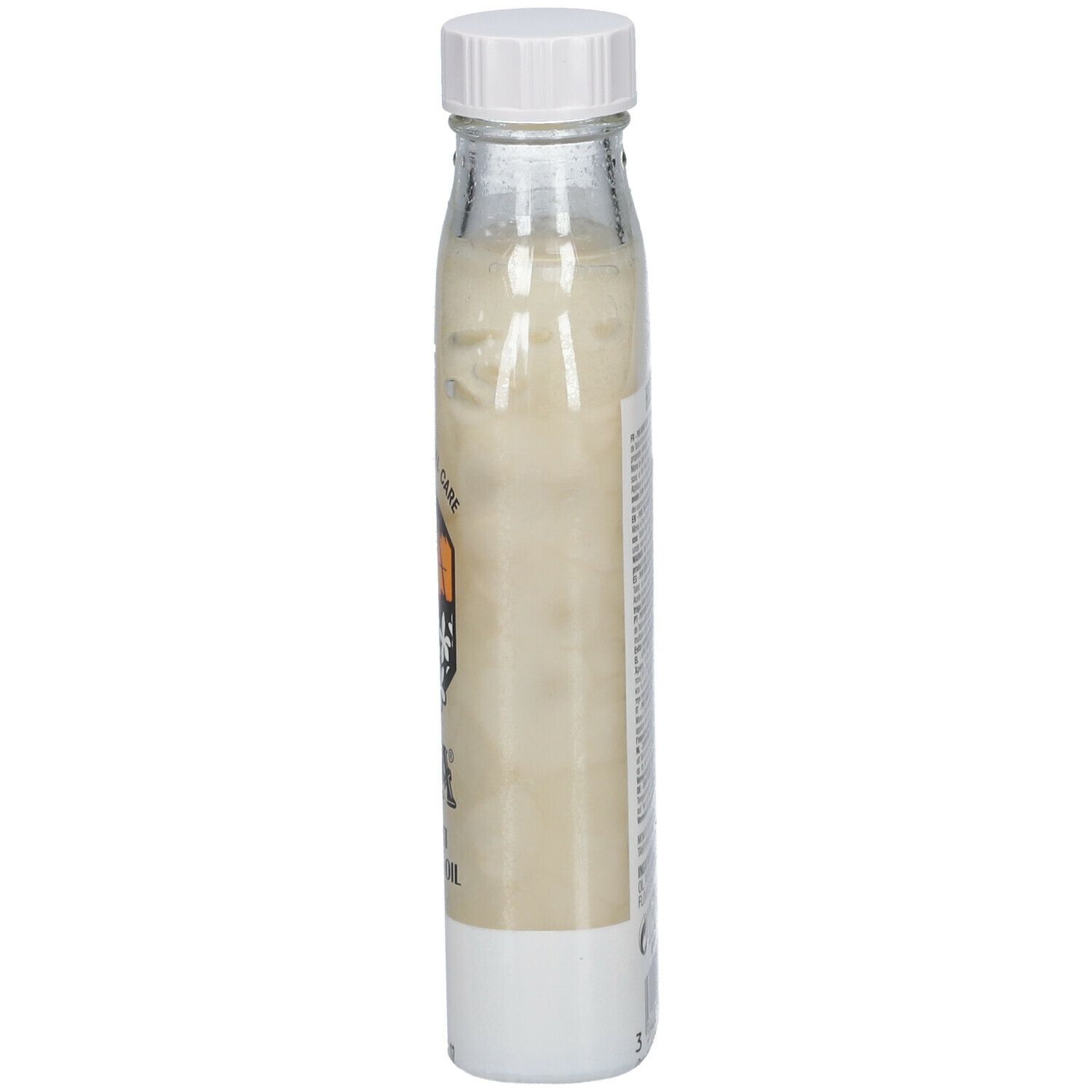 Huile Hei Poa Monoi. Bouteille cylindrique en verre, bouchon blanc. Produit visible. Étiquette avec texte.