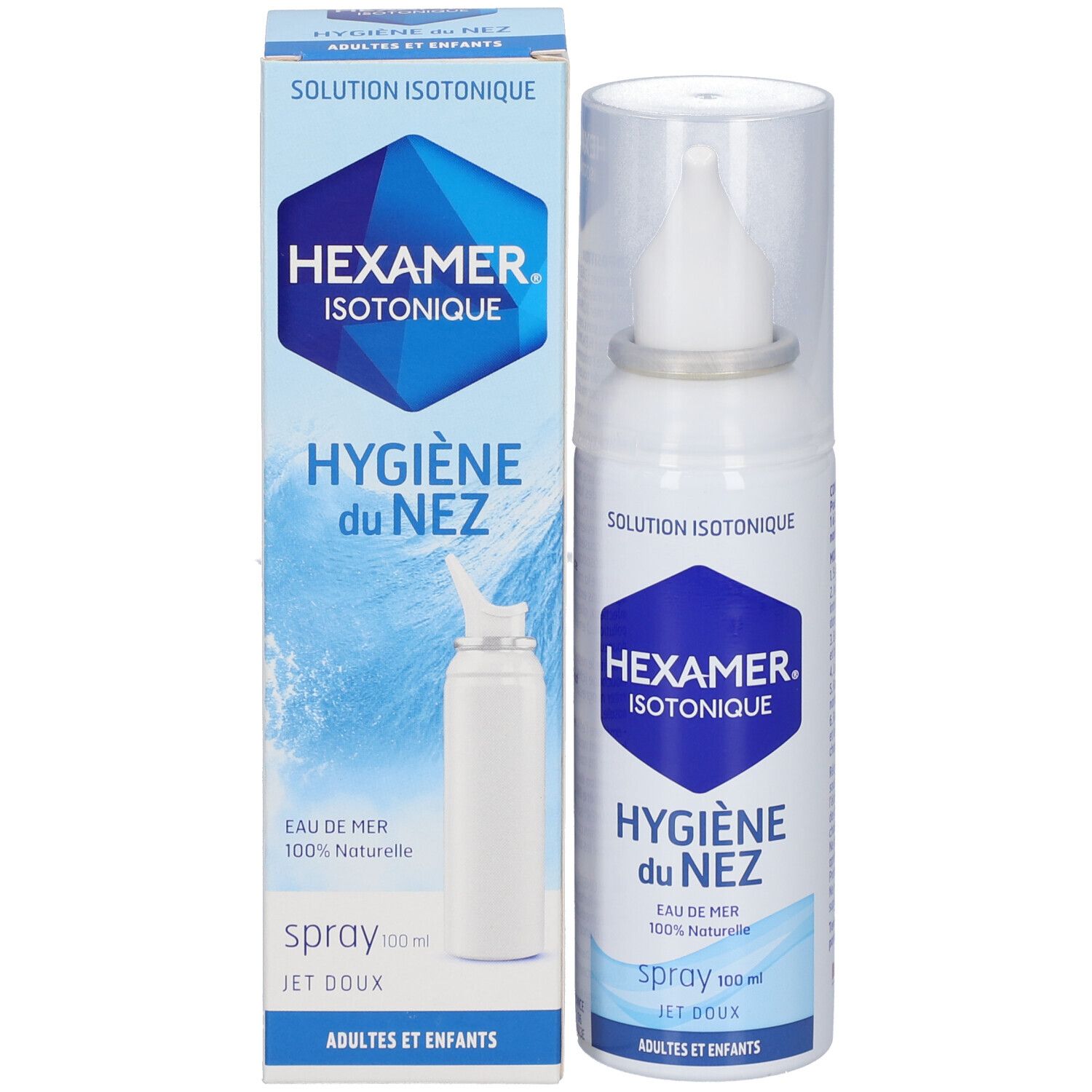 Flacon de spray nasal et emballage. Emballage avec texte: HEXAMER, isotonique, Hygiène du Nez, Spray. Flacon avec embout.