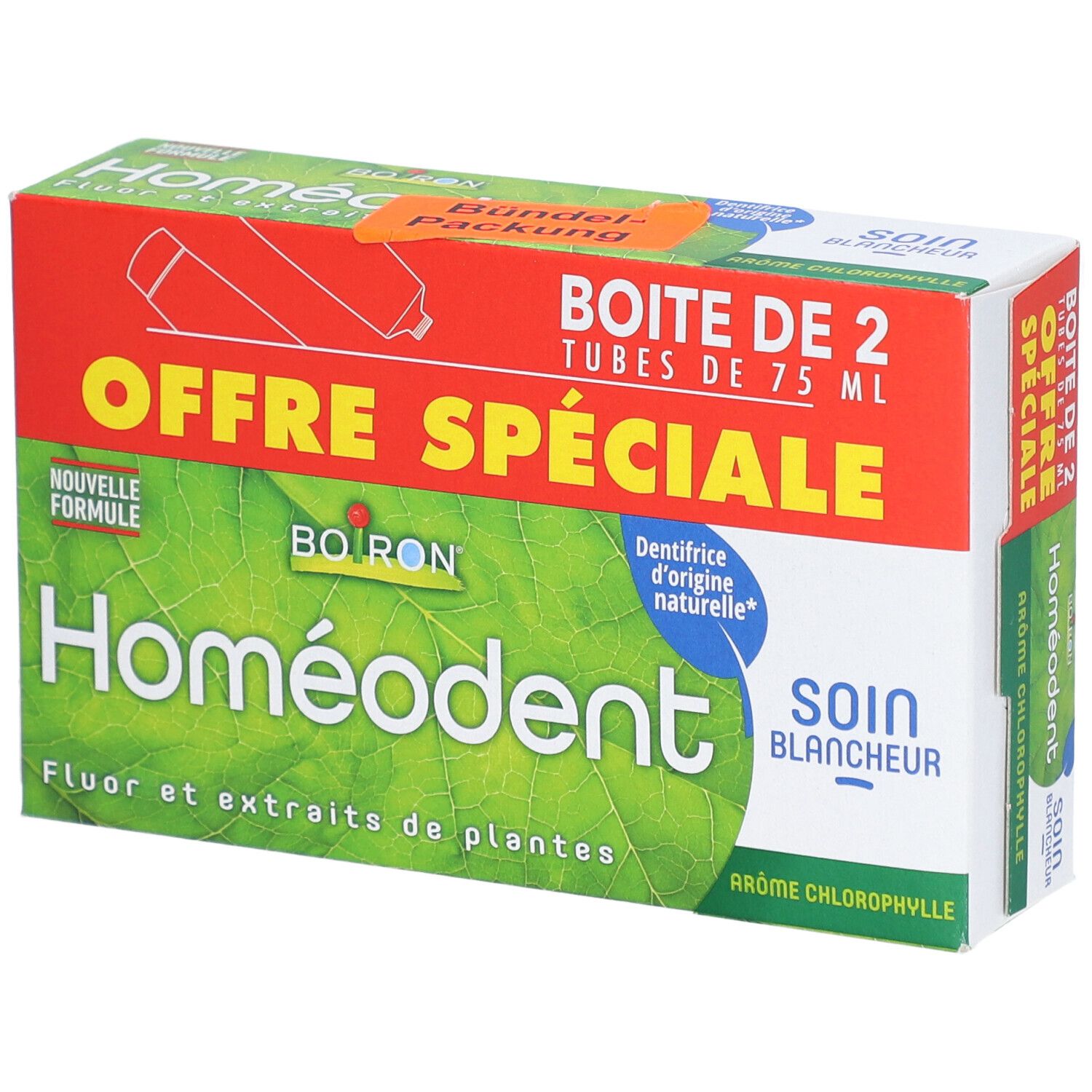 Boîte de 2 Homeodent Soin Blancheur. Emballage rouge et blanc avec nom du produit et feuilles vertes. "Offre Spéciale" et "75 ml".