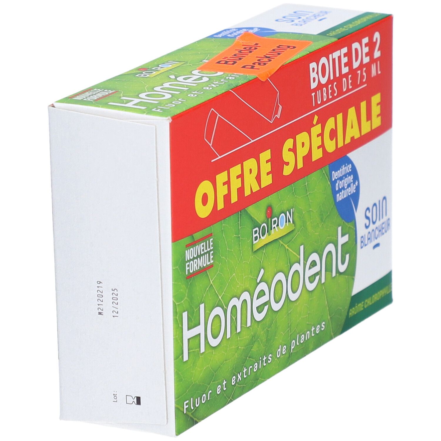 Côté blanc de la boîte Homeodent Soin Blancheur. Informations sur le produit. "Offre Spéciale" et "Boîte de 2 tubes de 75 ml".