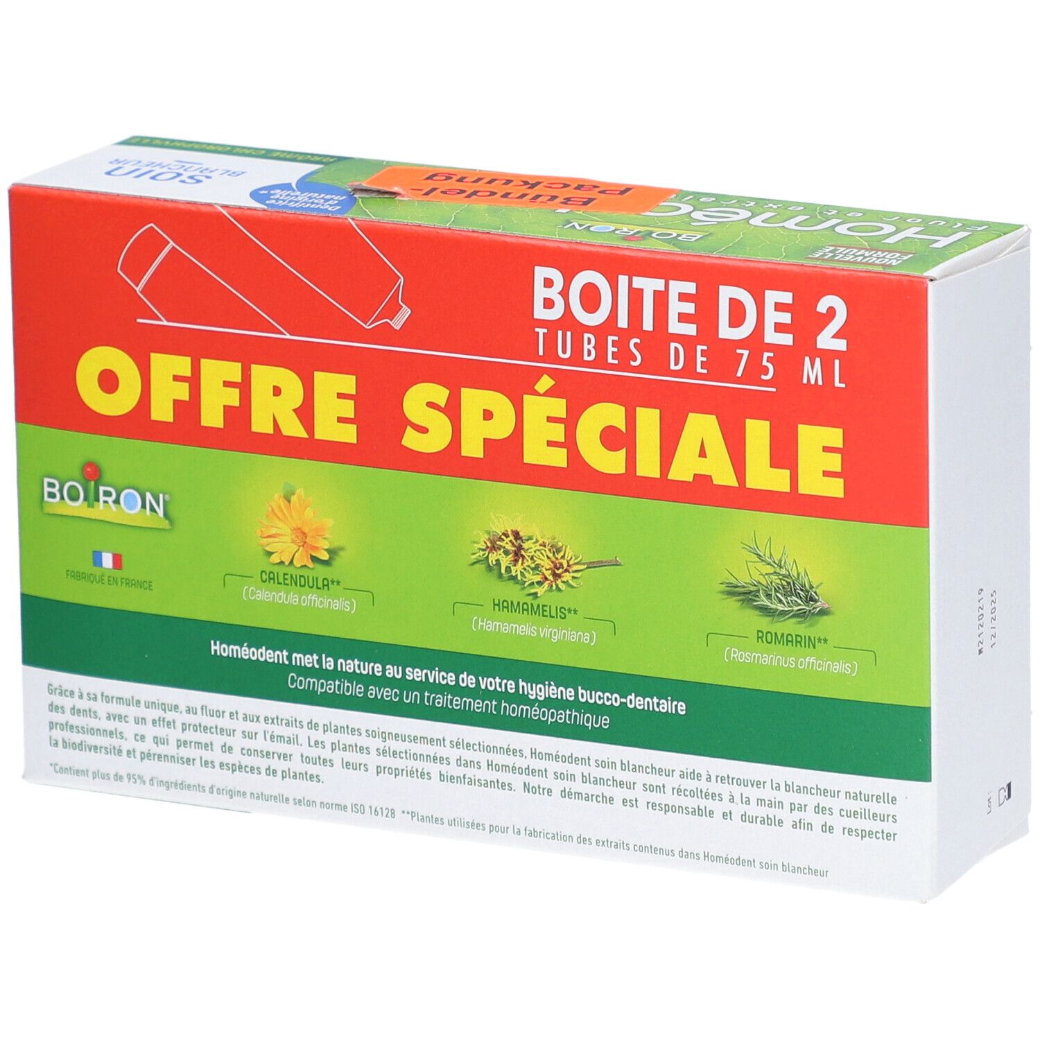 Dos de la boîte Homeodent Soin Blancheur. Informations sur le produit et illustrations de plantes. "Offre Spéciale" et "Boîte de 2 tubes de 75 ml".