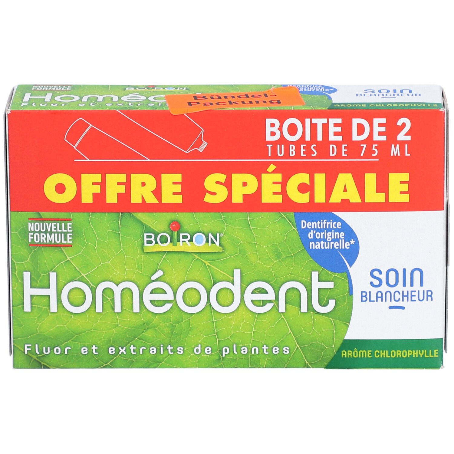 Boîte Homeodent Soin Blancheur. Emballage rouge et blanc avec nom du produit et feuilles vertes. "Offre Spéciale" et "Boîte de 2 tubes de 75 ml".