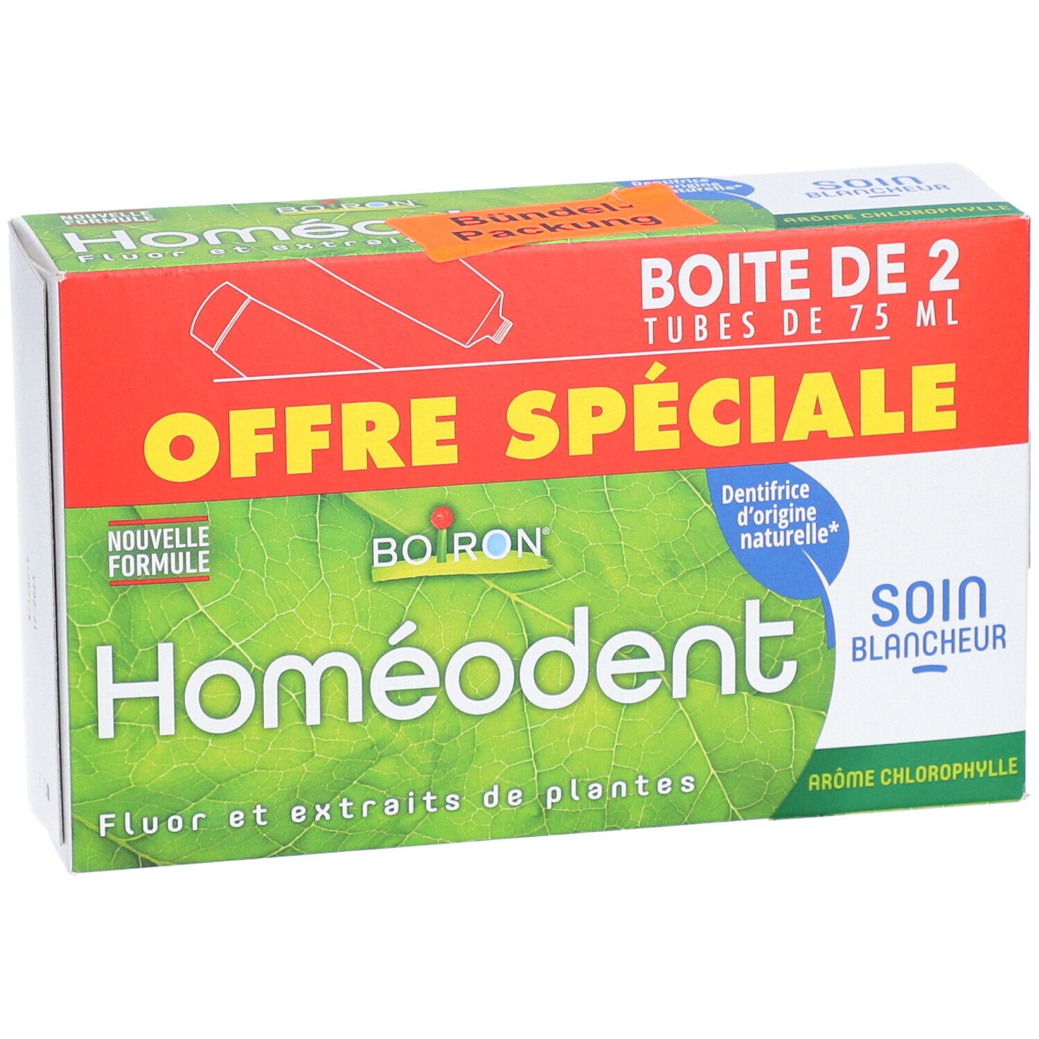 Boîte Homeodent Soin Blancheur. Emballage rouge et blanc avec nom du produit et feuilles vertes. "Offre Spéciale" et "Boîte de 2 tubes de 75 ml".