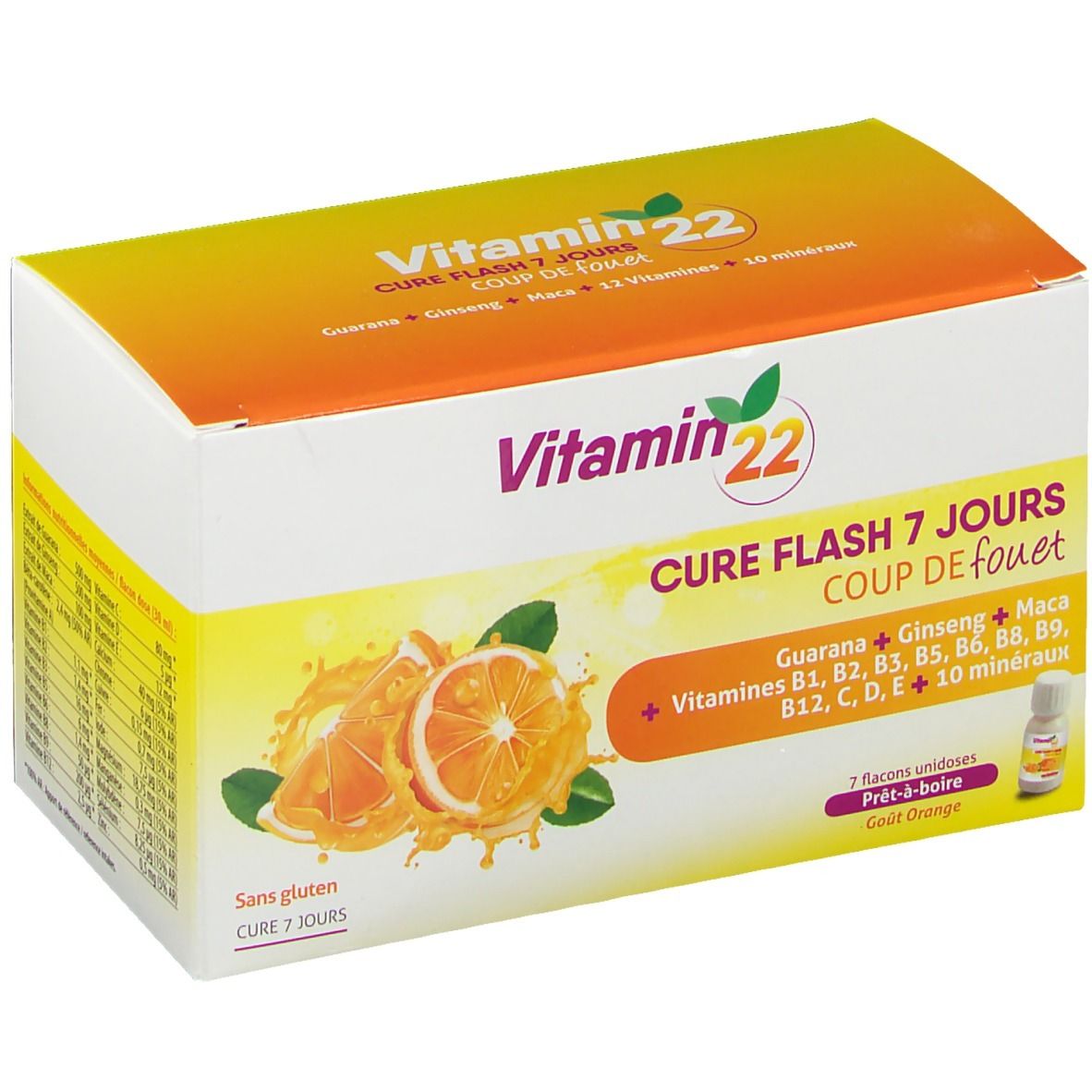 Emballage Vitamin 22. Inscription: Cure Flash 7 jours, Coup de fouet. Illustration d'oranges et 7 doses.