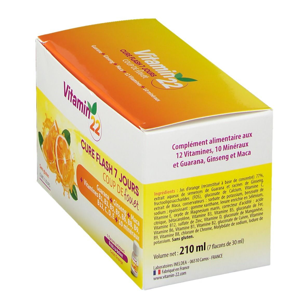 Emballage Vitamin 22. Inscription: Cure Flash 7 jours, Coup de fouet. Illustration d'oranges et 7 doses.