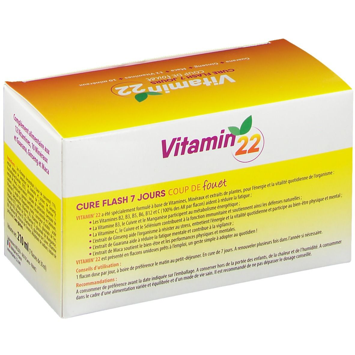 Emballage Vitamin 22. Inscription: Cure Flash 7 jours, Coup de fouet. Illustration d'oranges et 7 doses.