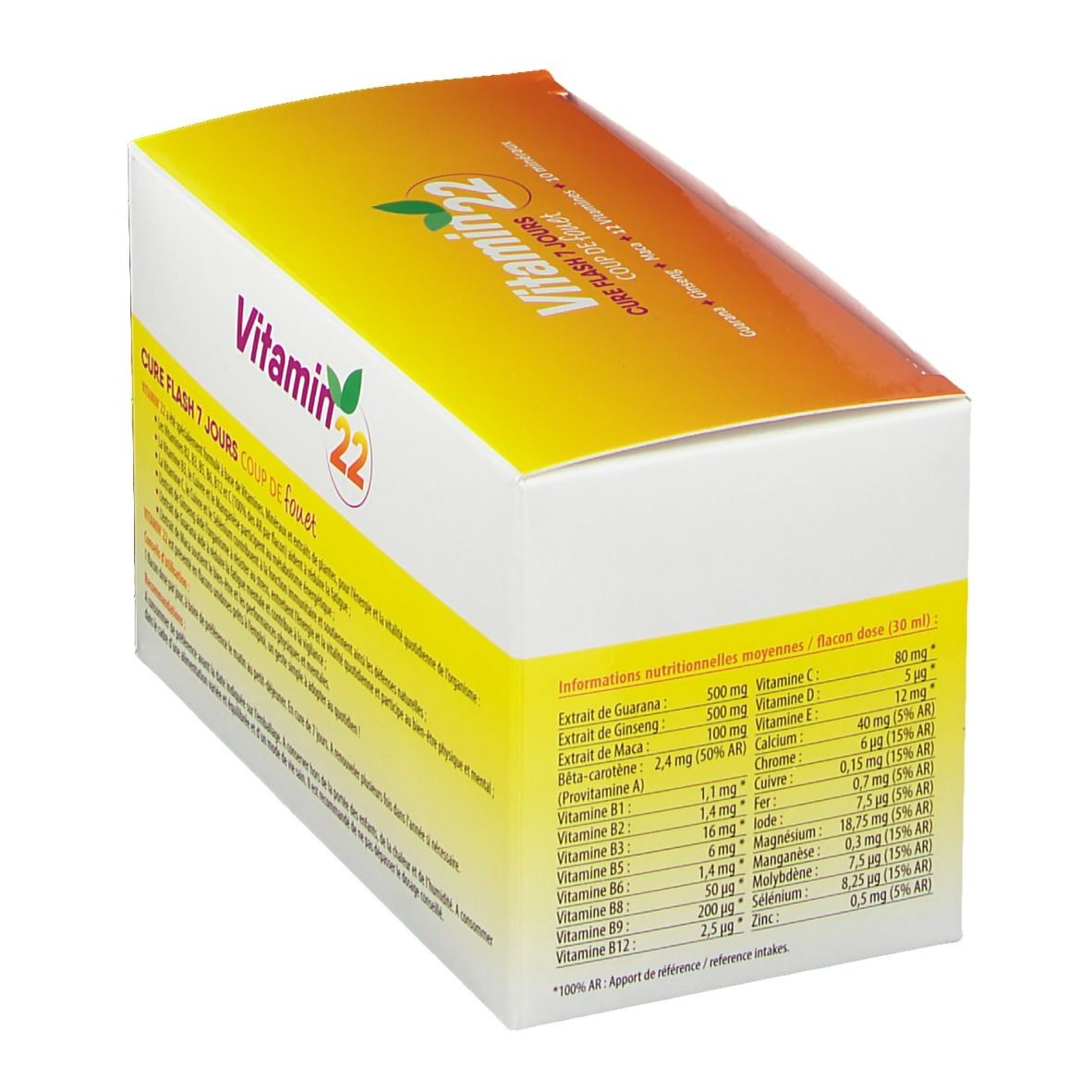 Emballage Vitamin 22. Inscription: Cure Flash 7 jours, Coup de fouet. Illustration d'oranges et 7 doses.