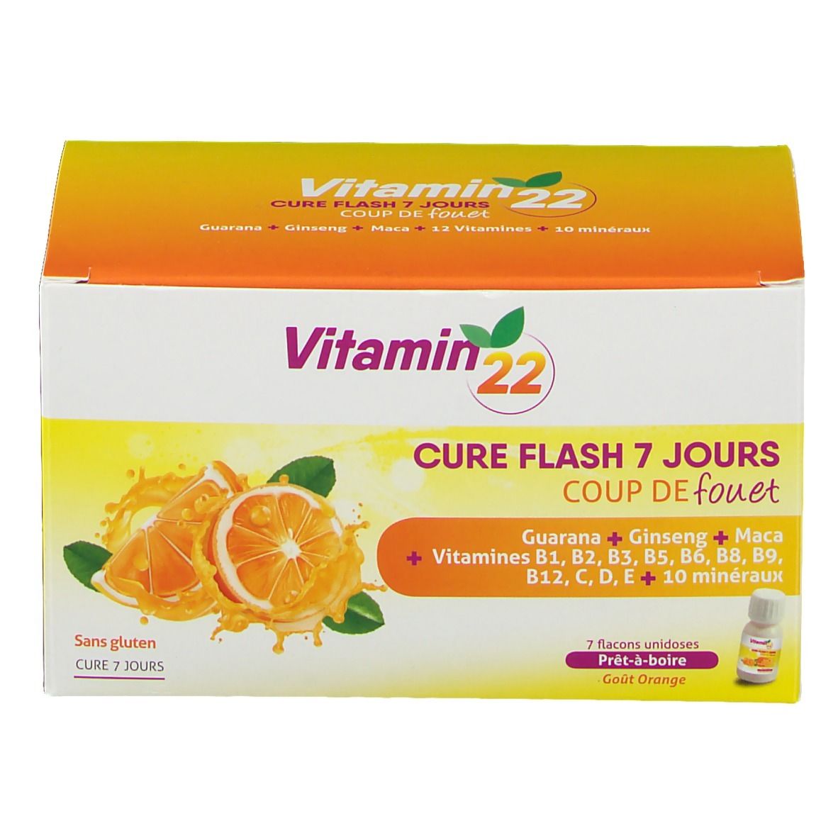 Emballage Vitamin 22. Inscription: Cure Flash 7 jours, Coup de fouet. Illustration d'oranges et 7 doses.