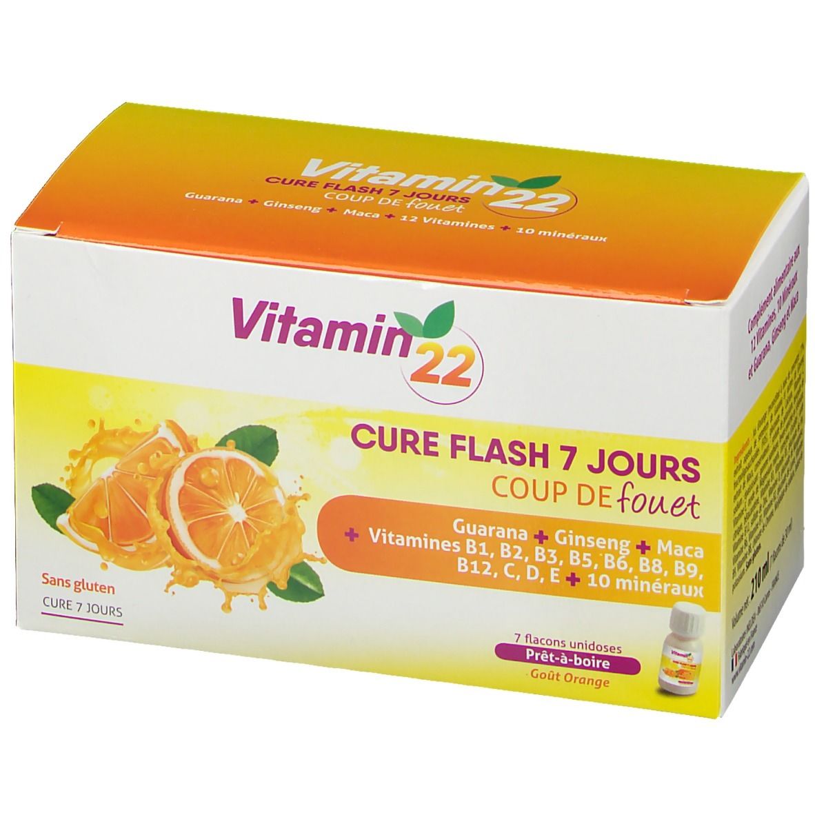 Emballage Vitamin 22. Inscription: Cure Flash 7 jours, Coup de fouet. Illustration d'oranges et 7 doses.