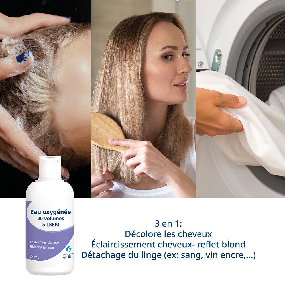Flacon de produit à côté d'images de cheveux, peigne et linge. Texte: Eau oxygénée GILBERT.