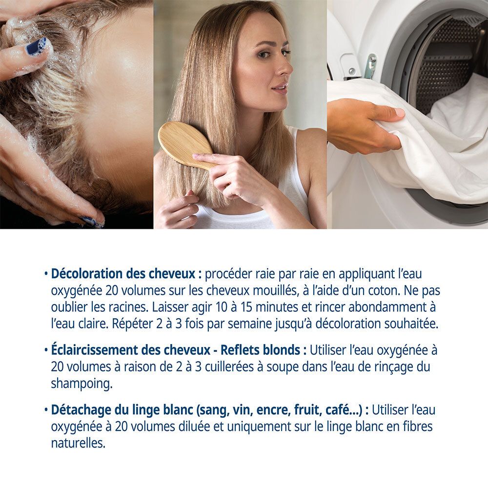 Texte sur l'utilisation de Eau oxygénée 20 volumes GILBERT pour les cheveux et le linge.