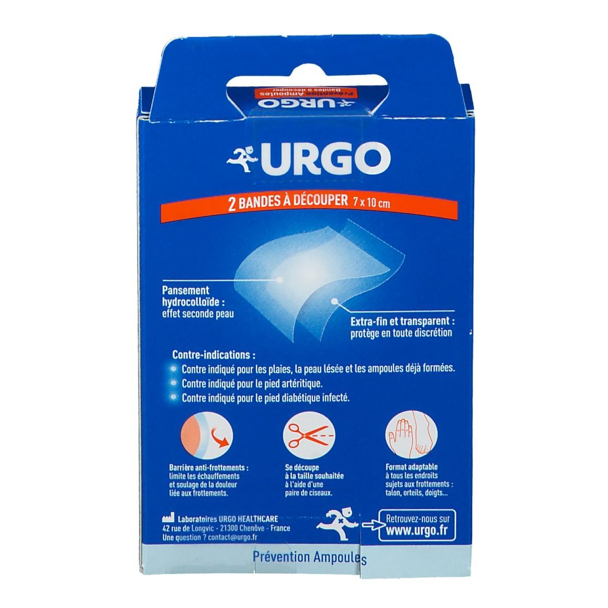 Boîte bleue et blanche avec illustration du produit et texte. Contient deux bandes à découper. Marque URGO.