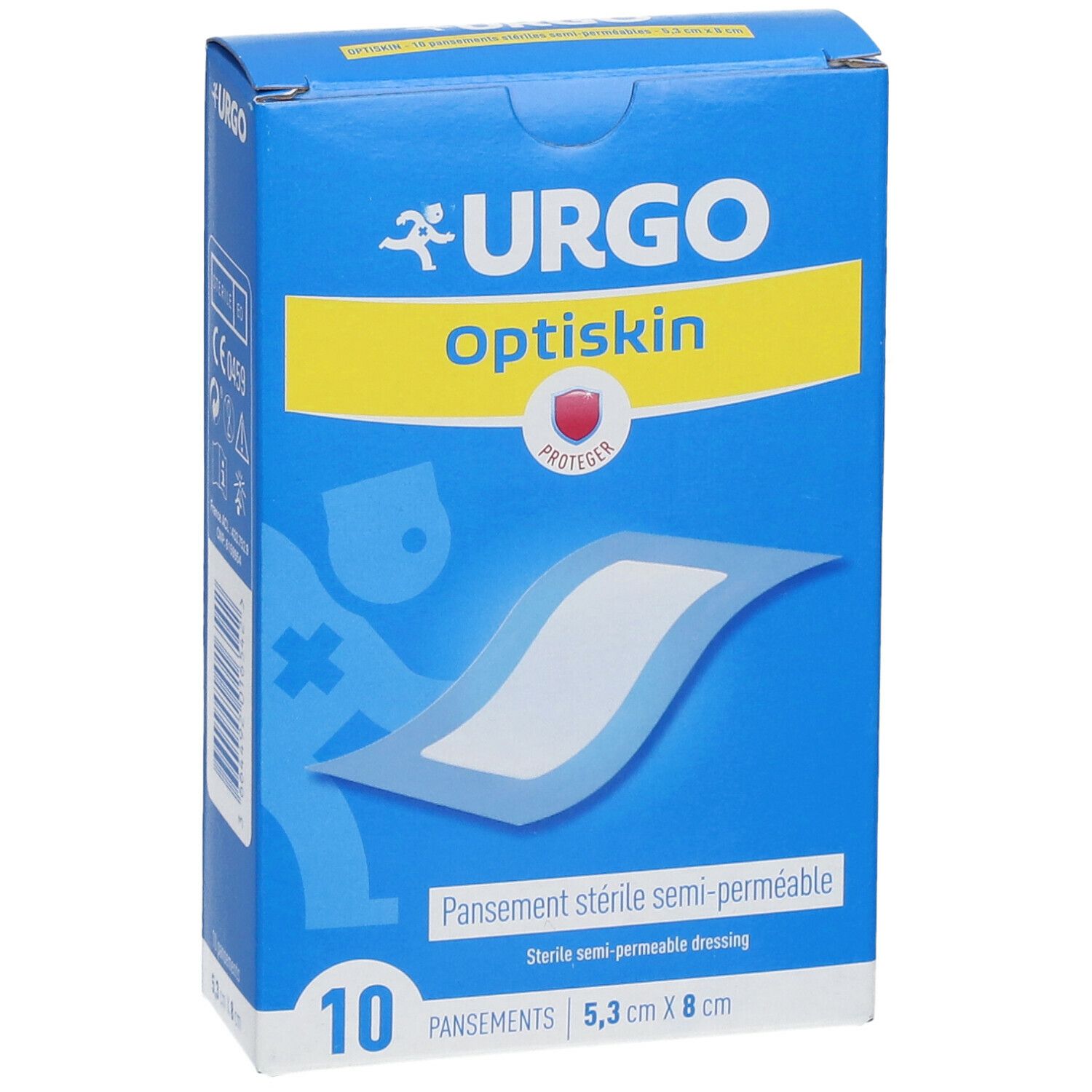 Boîte bleue Urgo Optiskin. Contient 10 pansements stériles semi-perméables. Dimensions : 5,3 cm x 8 cm.