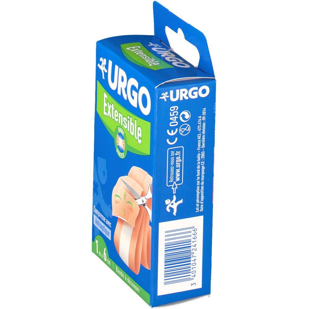 Bande extensible Urgo, 1m x 6cm, à découper. Vue latérale avec marquage CE et code-barres.