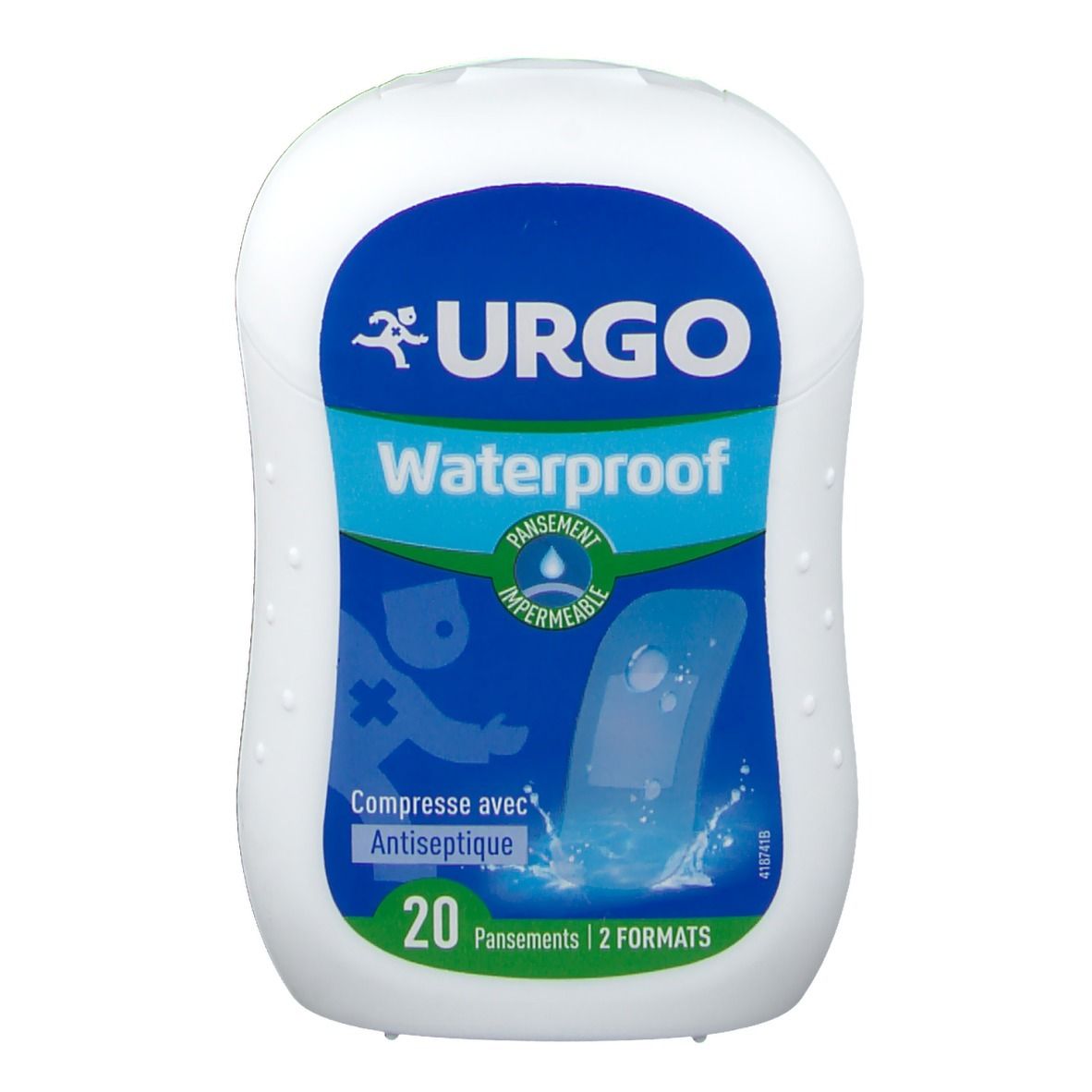 Boîte blanche Urgo Waterproof. Inscription bleue : Urgo, Waterproof, 20 pansements, 2 formats. Compresse antiseptique.