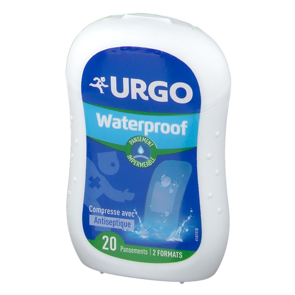 Boîte blanche Urgo Waterproof. Inscription bleue : Urgo, Waterproof, 20 pansements, 2 formats. Compresse antiseptique.