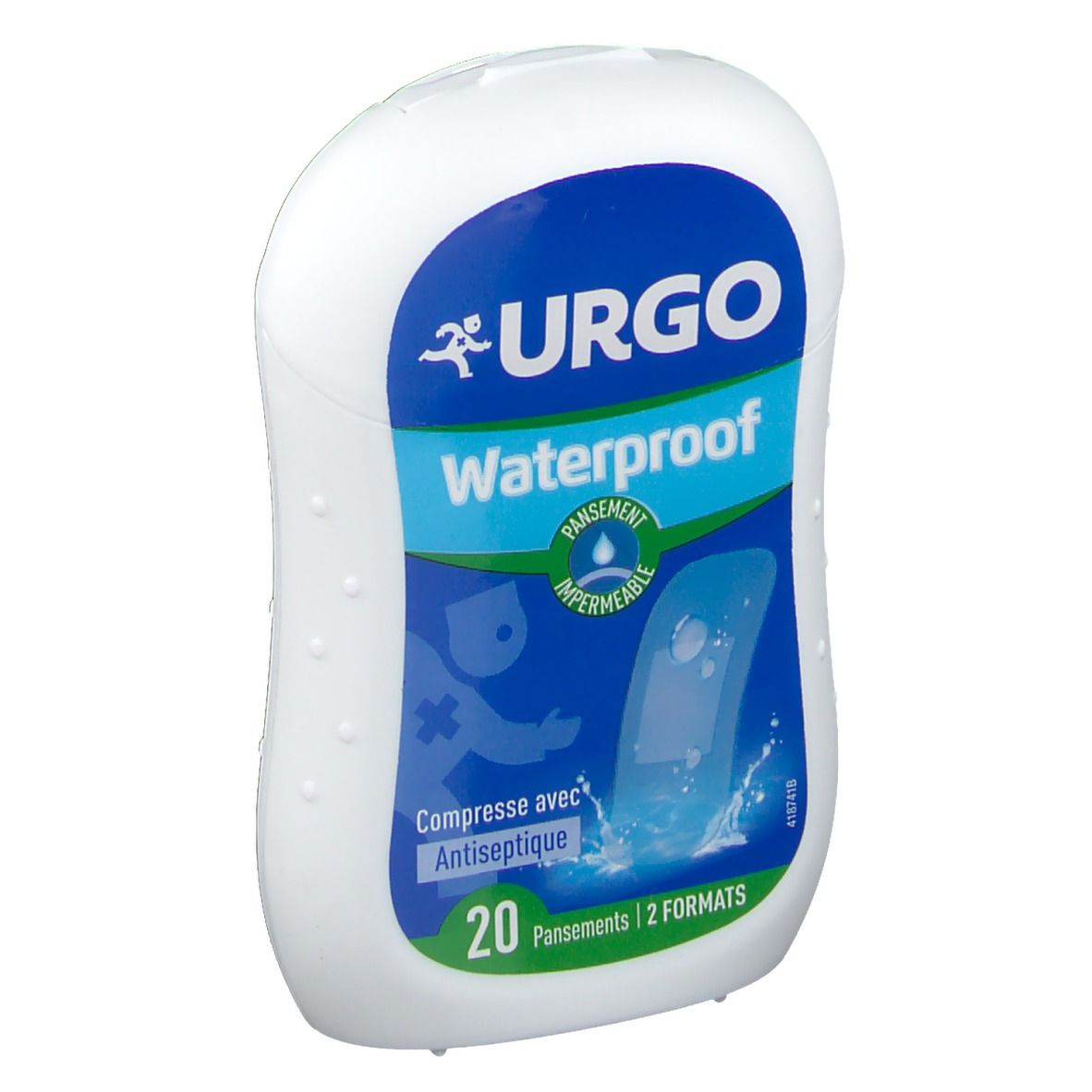 Boîte blanche Urgo Waterproof. Inscription bleue : Urgo, Waterproof, 20 pansements, 2 formats. Compresse antiseptique.