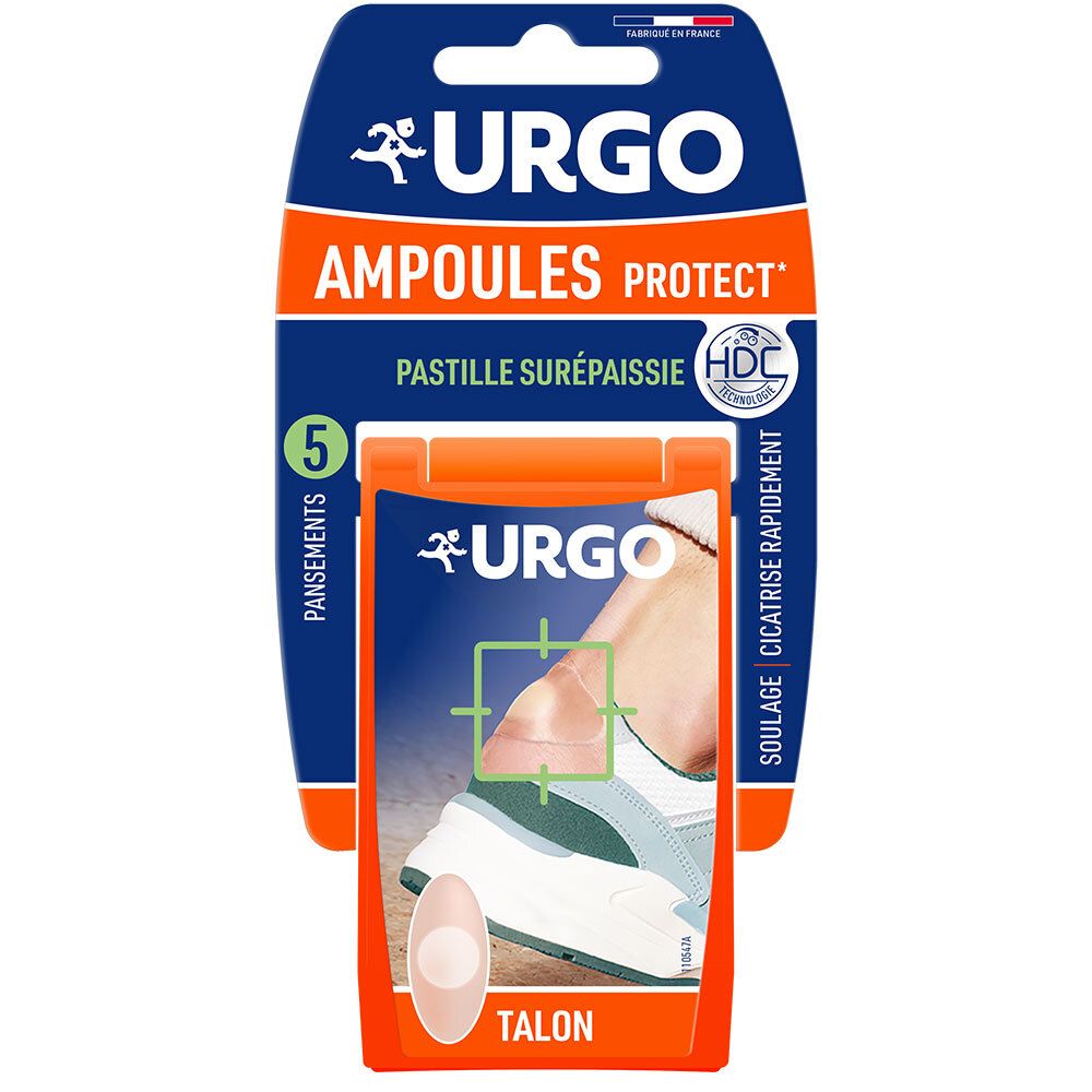Emballage Urgo Ampoules. Emballage bleu et orange avec nom et logo du produit. Contient 5 pansements.