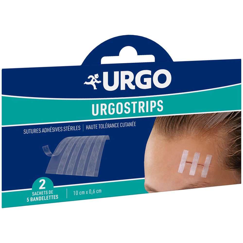 Paquet de Urgo Urgostrips. Contient 2 sachets de 5 bandelettes. Trois bandelettes sont appliquées sur un front.