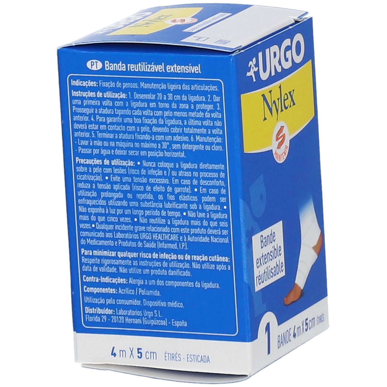 Boîte bleue. URGO Nylex. Bande extensible réutilisable. 4 m x 5 cm. Texte en portugais.