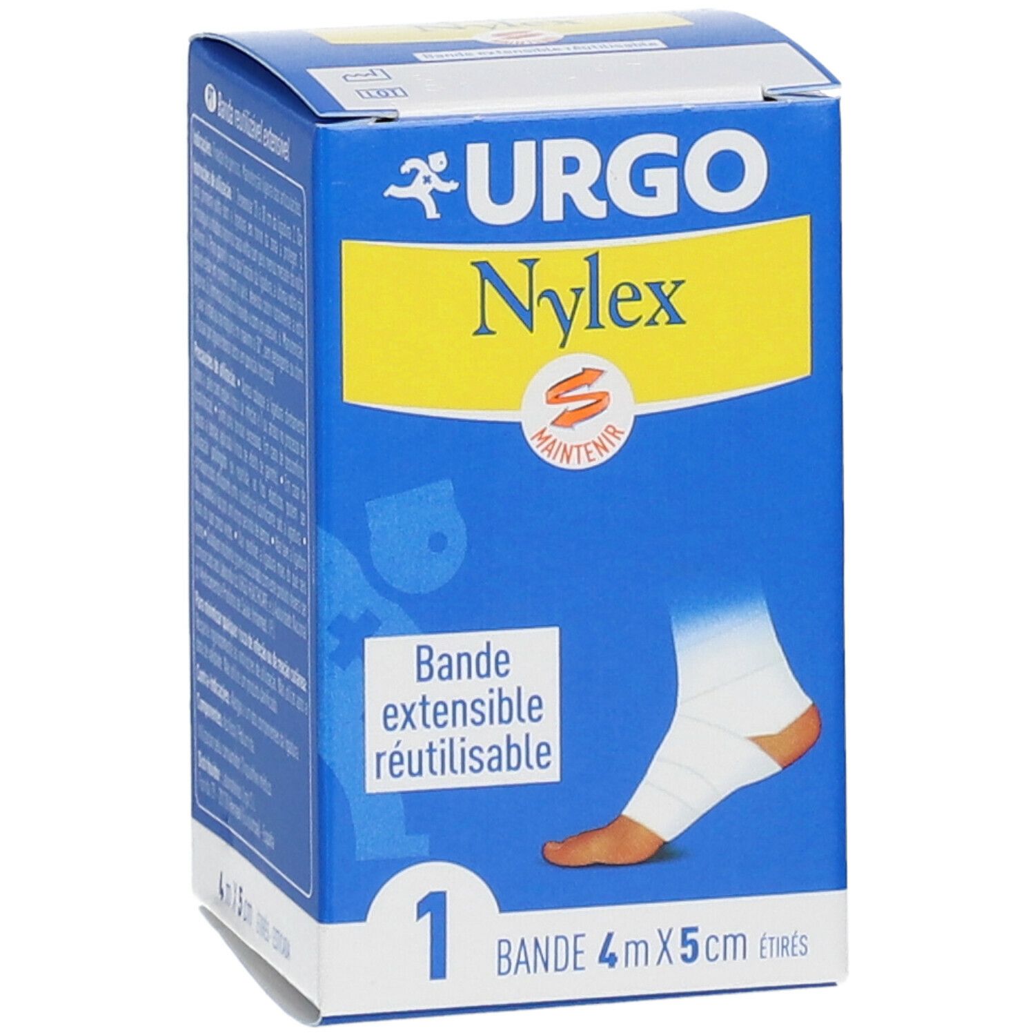 Boîte bleue. URGO Nylex. Bande extensible réutilisable. 4 m x 5 cm. Pied bandé.