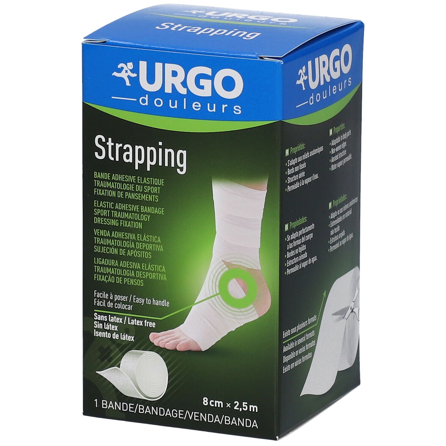 Boîte bleue et blanche Urgo Strapping. Un pied bandé est illustré. Dimensions : 8 cm x 2,5 m. Sans latex.