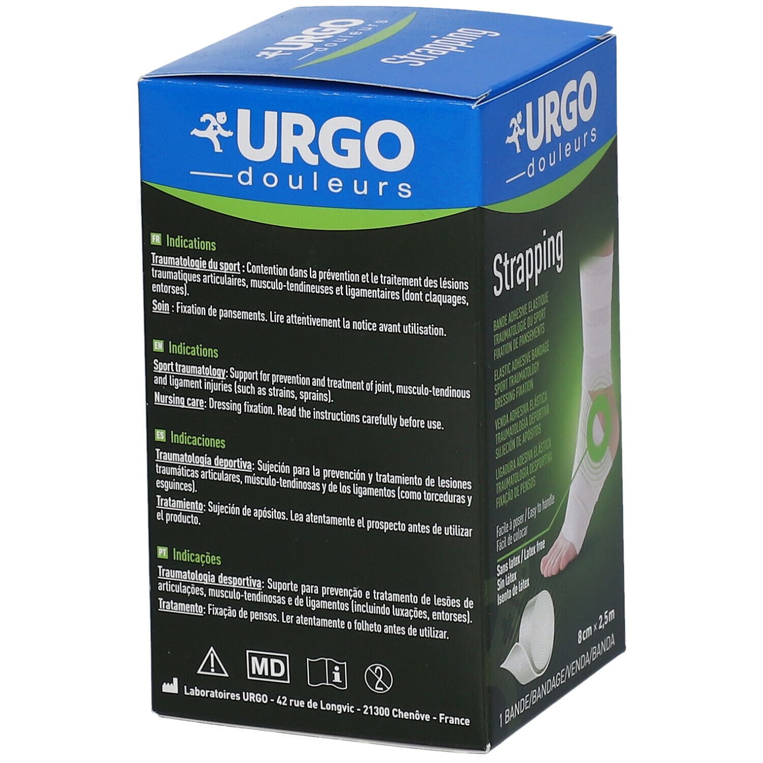Dos de la boîte Urgo Strapping. Texte multilingue. Informations sur les indications et l'utilisation.