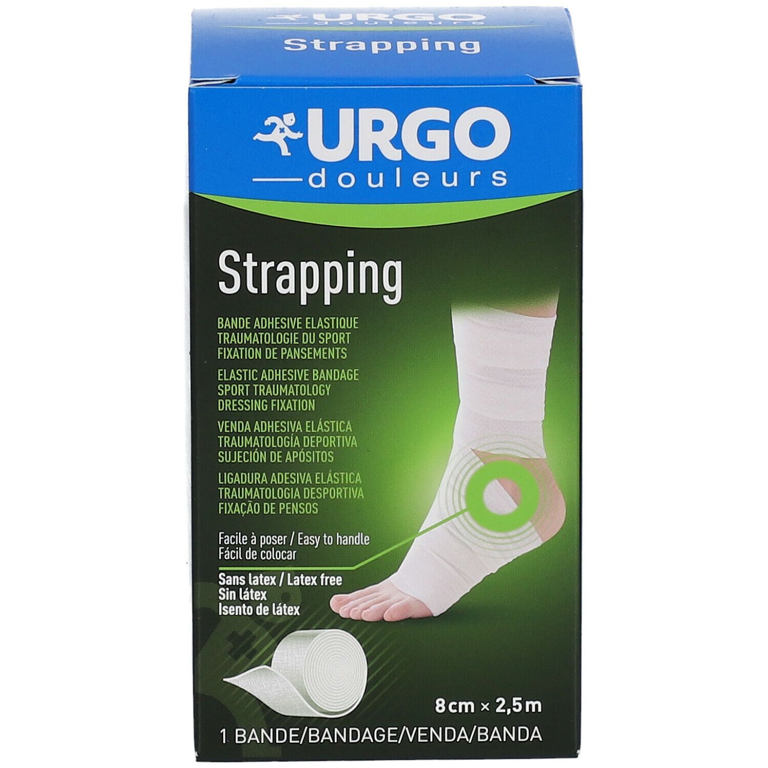 Boîte Urgo Strapping. Pied bandé illustré. Dimensions : 8 cm x 2,5 m. Sans latex.