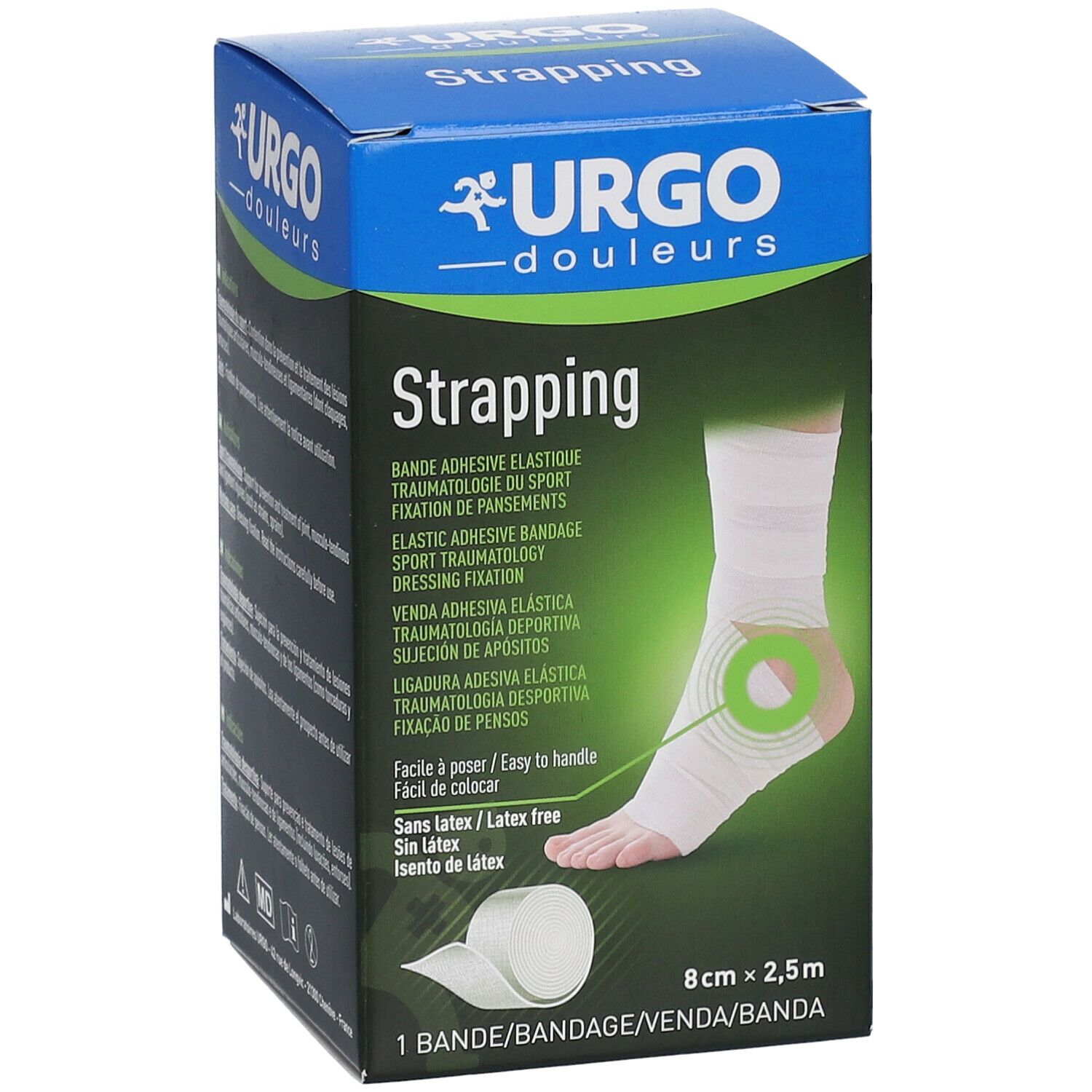 Boîte Urgo Strapping. Pied bandé illustré. Dimensions : 8 cm x 2,5 m. Sans latex.