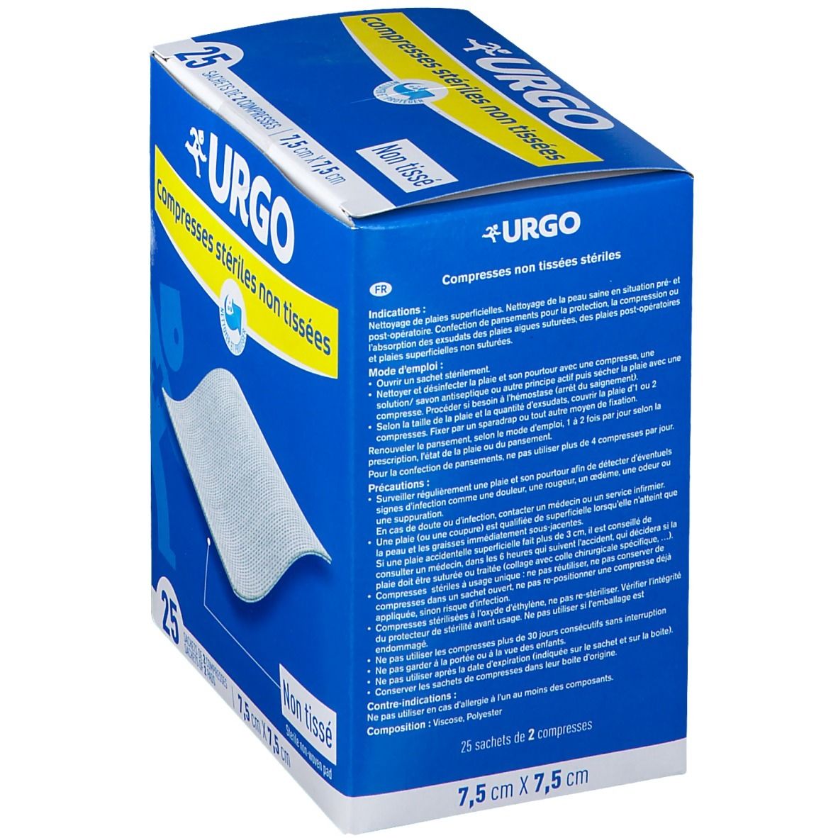 Boîte bleue Urgo compresses stériles non tissées. Dimensions 7,5 cm x 7,5 cm. Texte et instructions d'utilisation.