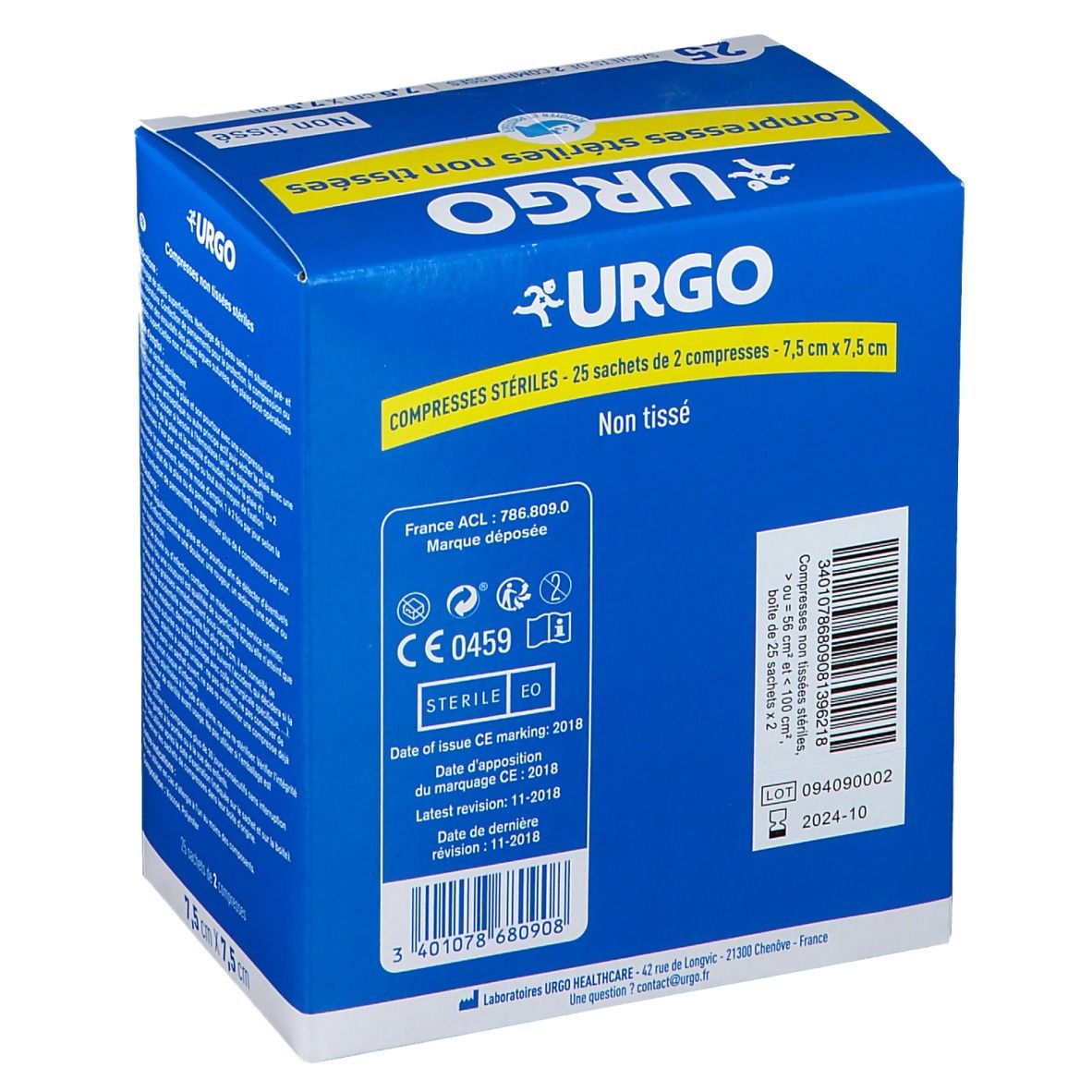 Boîte bleue Urgo compresses stériles non tissées. Dimensions 7,5 cm x 7,5 cm. Marquage CE, numéro de lot et date de péremption.