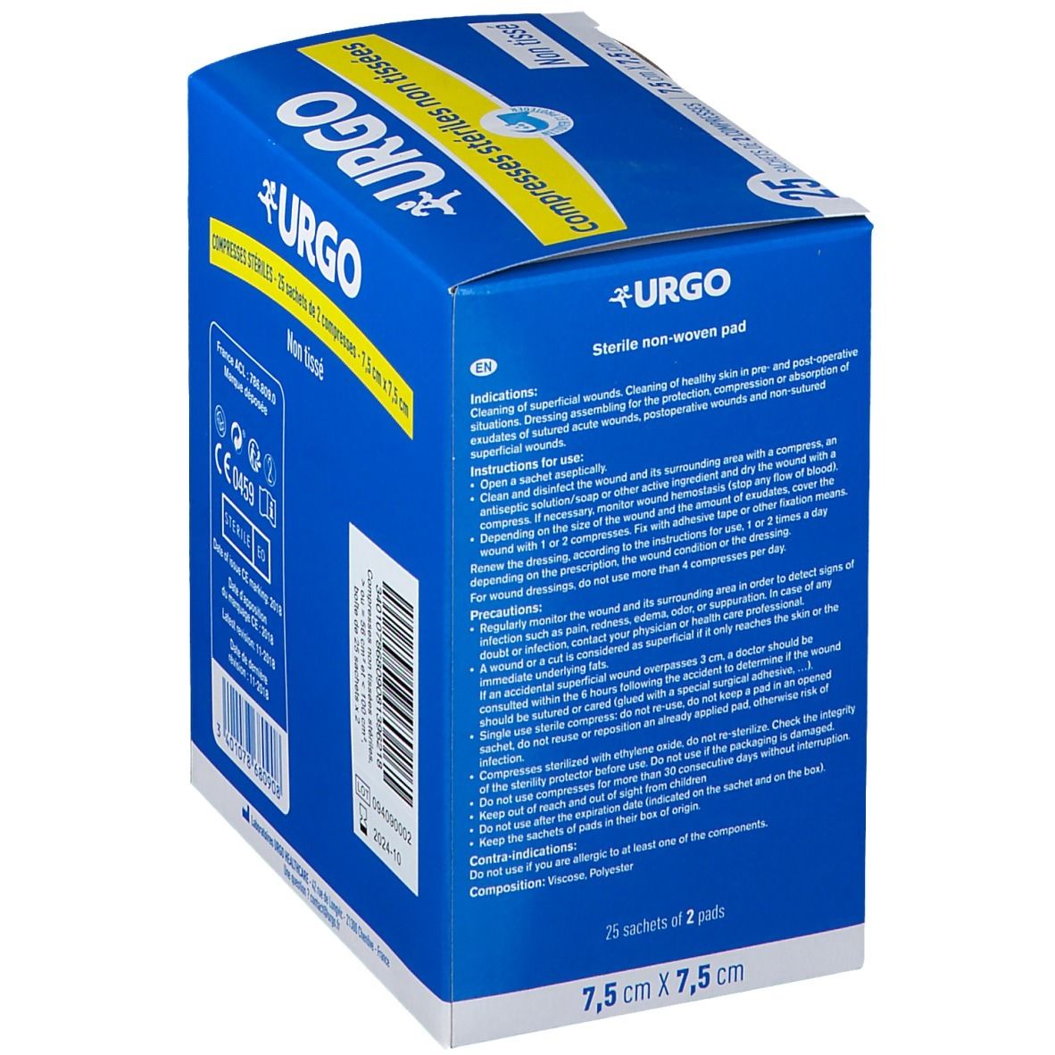 Boîte bleue Urgo compresses stériles non tissées. Dimensions 7,5 cm x 7,5 cm. Texte et instructions d'utilisation.