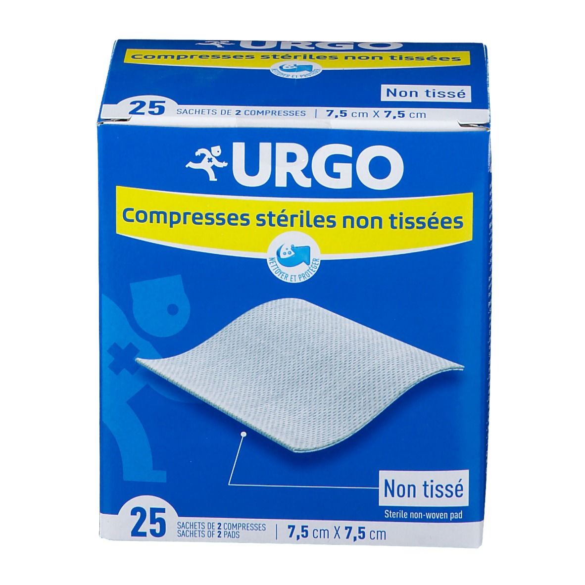 Boîte bleue Urgo compresses stériles non tissées. Dimensions 7,5 cm x 7,5 cm. 25 sachets de 2 compresses.