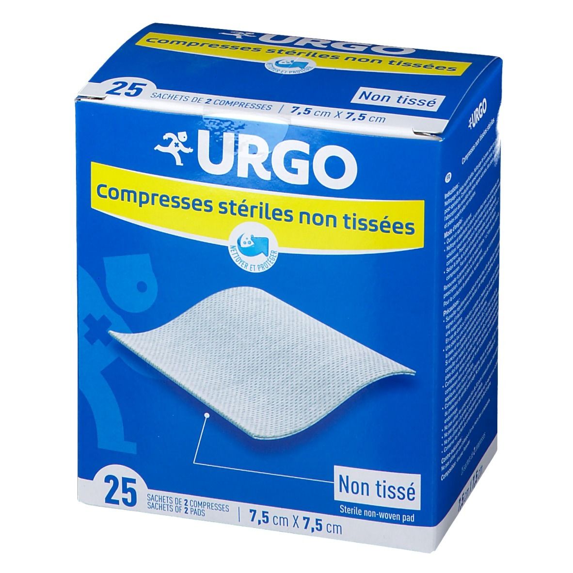 Boîte bleue Urgo compresses stériles non tissées. Dimensions 7,5 cm x 7,5 cm. 25 sachets de 2 compresses.