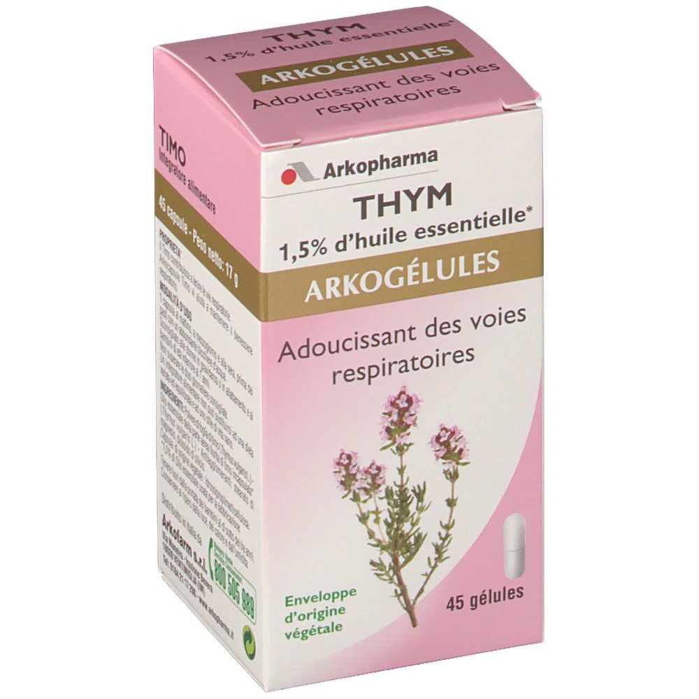 Boîte rose Arkogélules Thym. Contient 45 gélules. Inscription : 1,5 % huile essentielle. Adoucit les voies respiratoires.